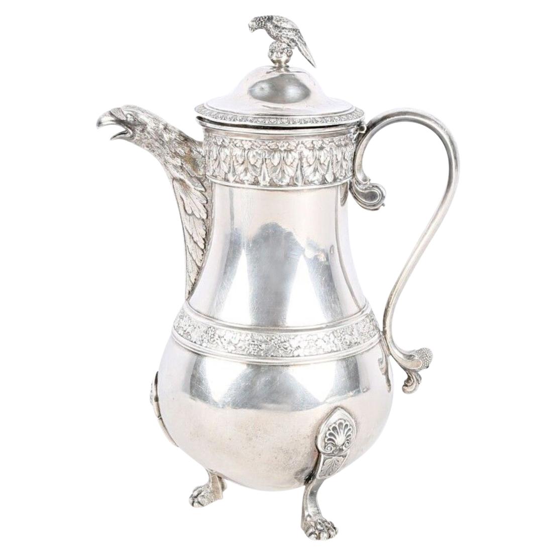 19th Century French Sterling Silve Coffee or Tea Pot Decorated With Eagle
s Head
