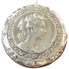 19th Century French Sterling Silver Round Box Medallion with a Mirror