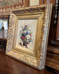 19th Century French Still Life Floral Painting in Carved Gilt Frame Signed Mary