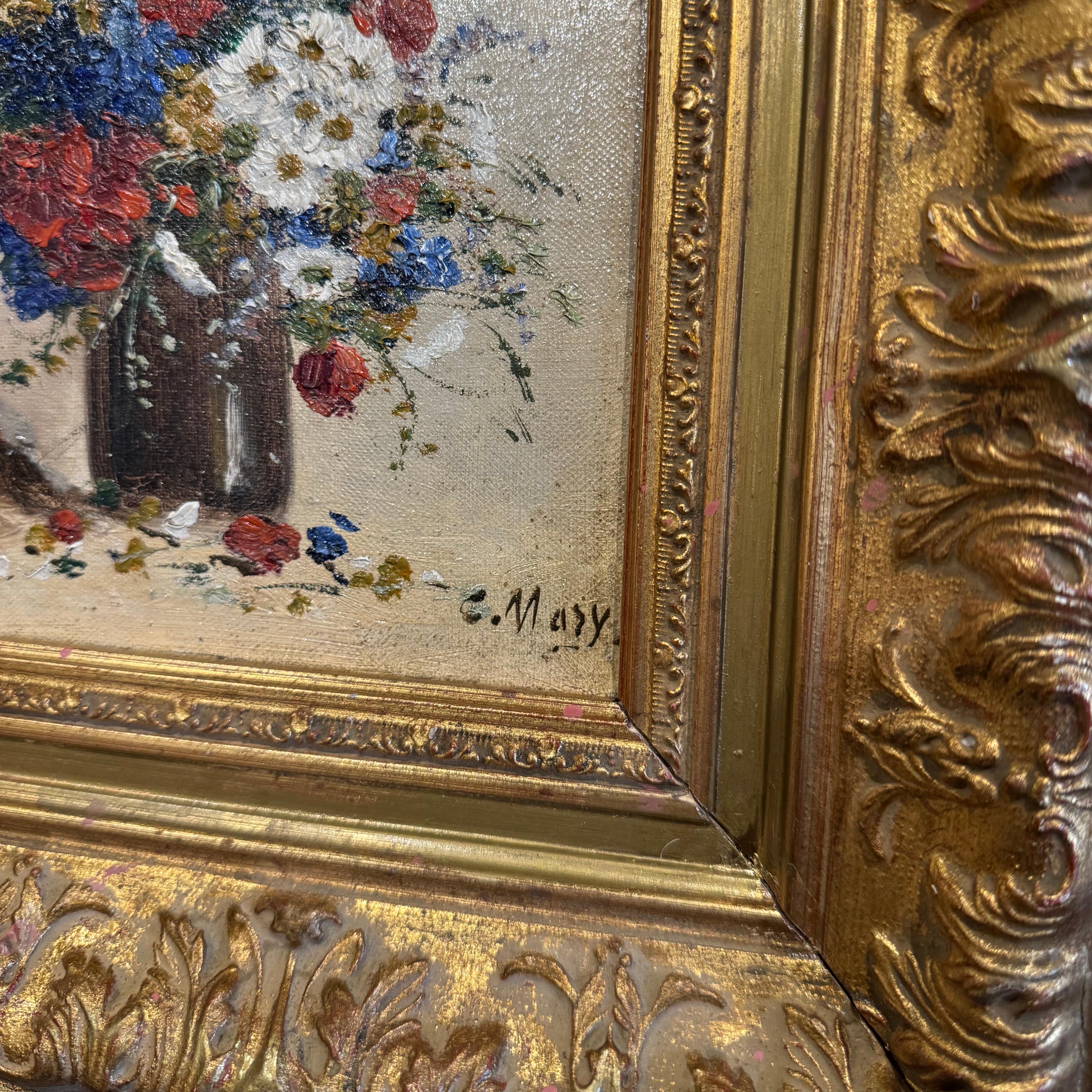 Französisches Stillleben des 19. Jahrhunderts, geblümtes Gemälde in geschnitztem vergoldetem Rahmen, signiert Mary im Zustand „Hervorragend“ im Angebot in Dallas, TX