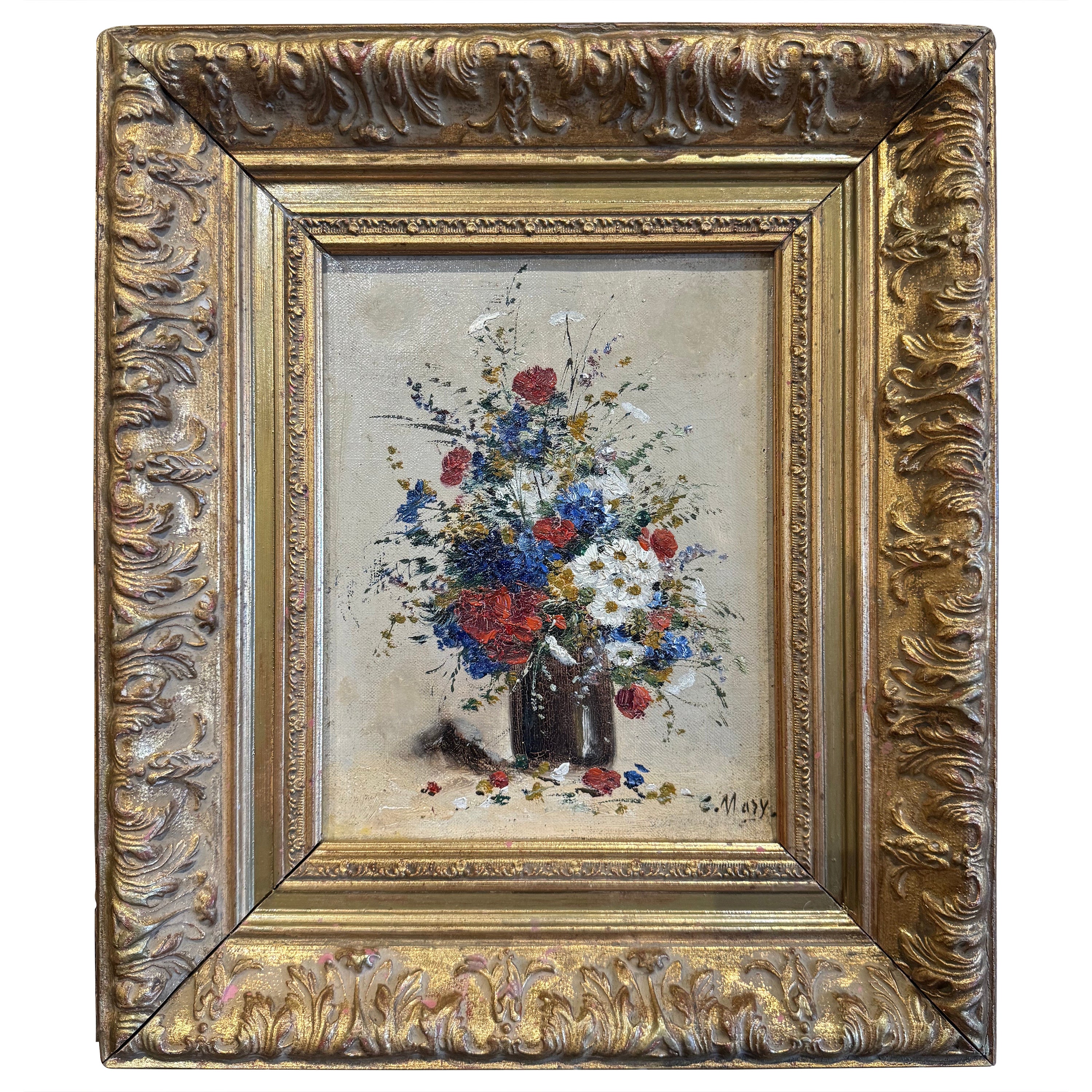 Nature morte française du 19e siècle, peinture florale dans un cadre sculpté et doré, signée Mary