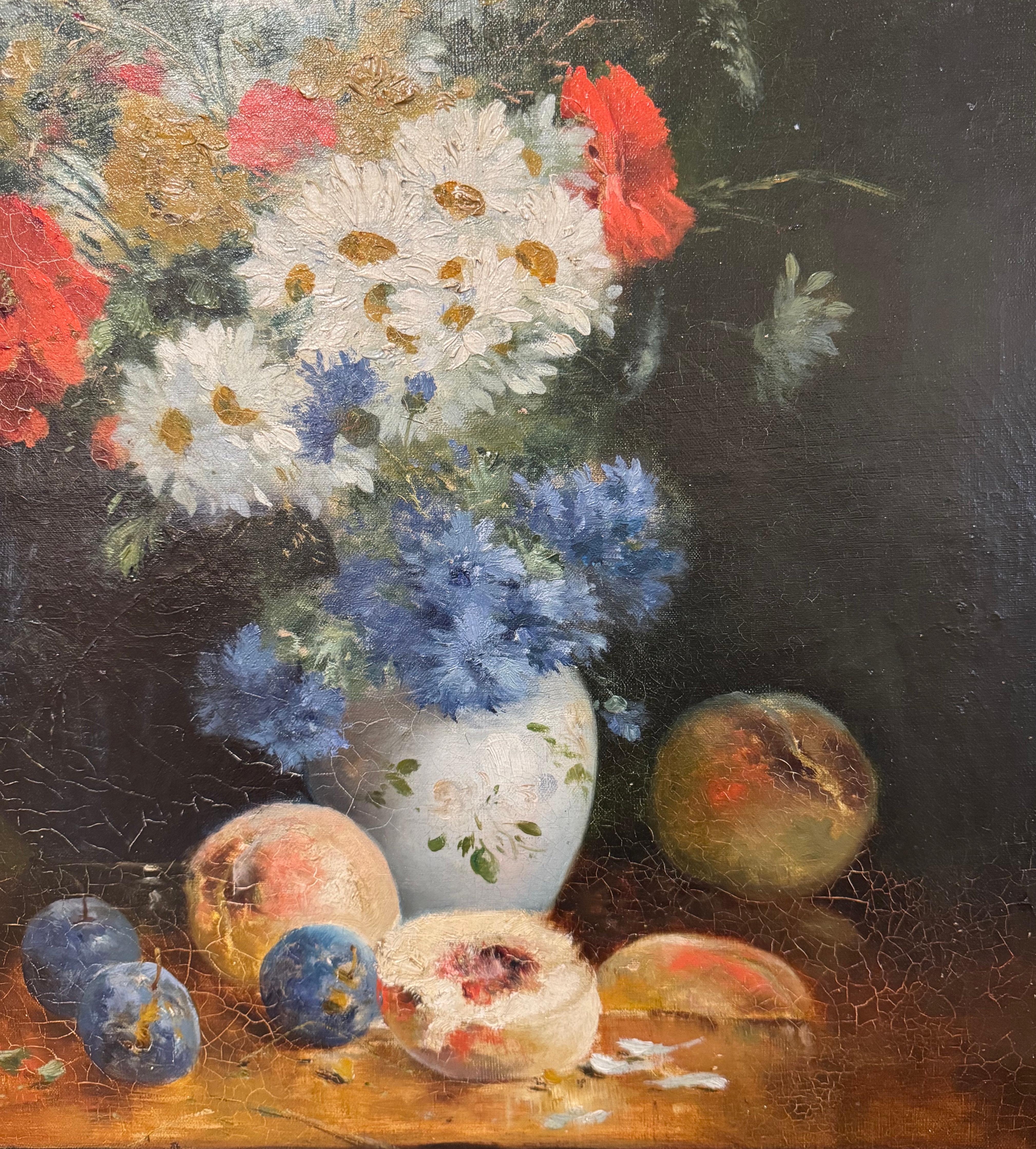 Canvas 19th Century French Still Life Floral Painting in Carved Giltwood Frame For Sale