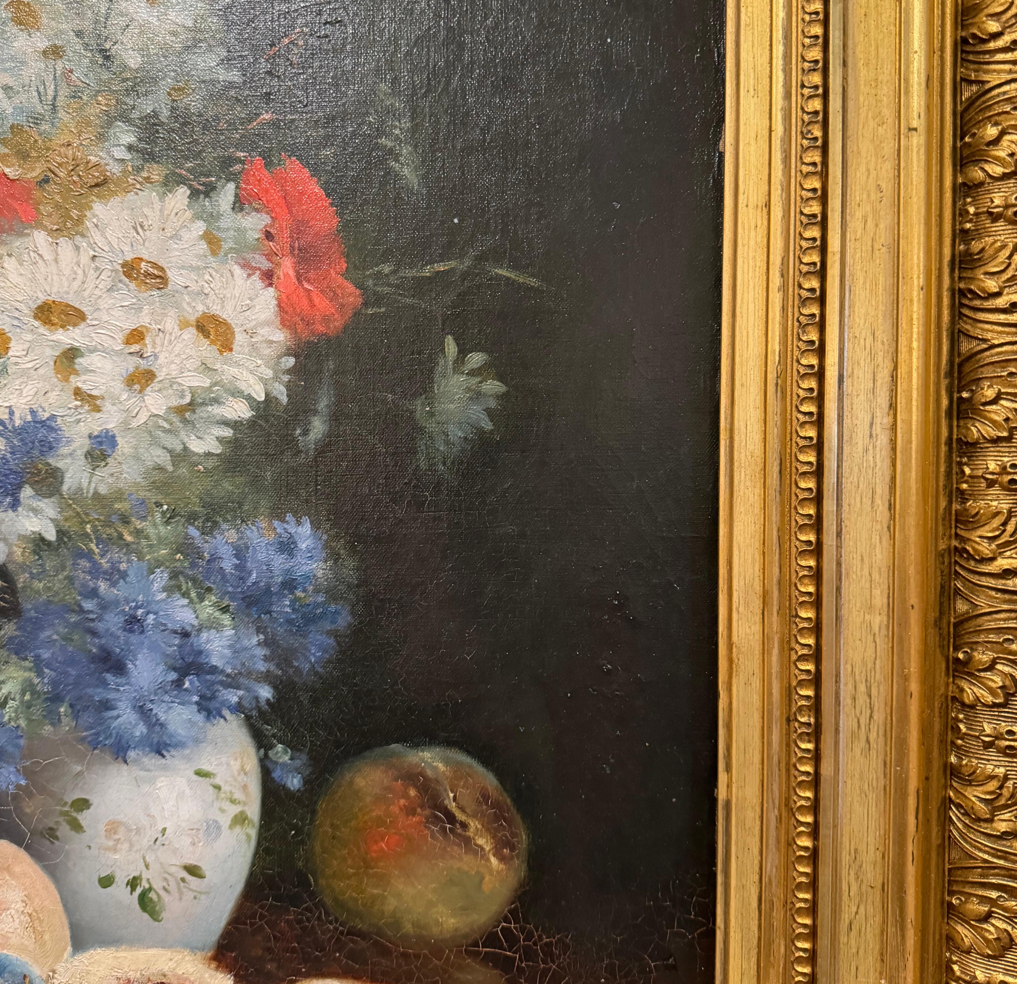 19th Century French Still Life Floral Painting in Carved Giltwood Frame For Sale 3