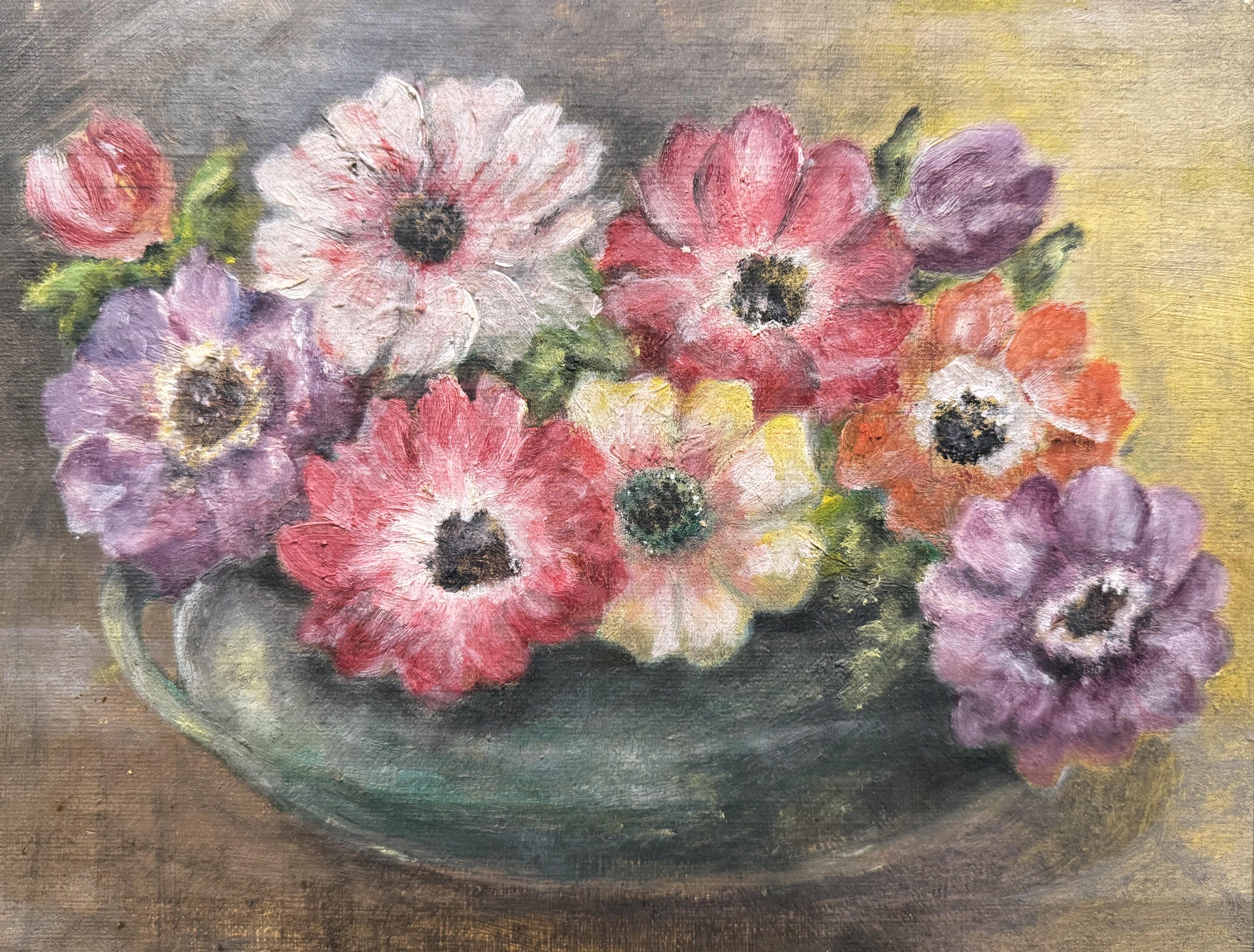 Bodegón francés del siglo XIX Pintura floral sobre tabla en marco de madera dorada tallada Francés en venta