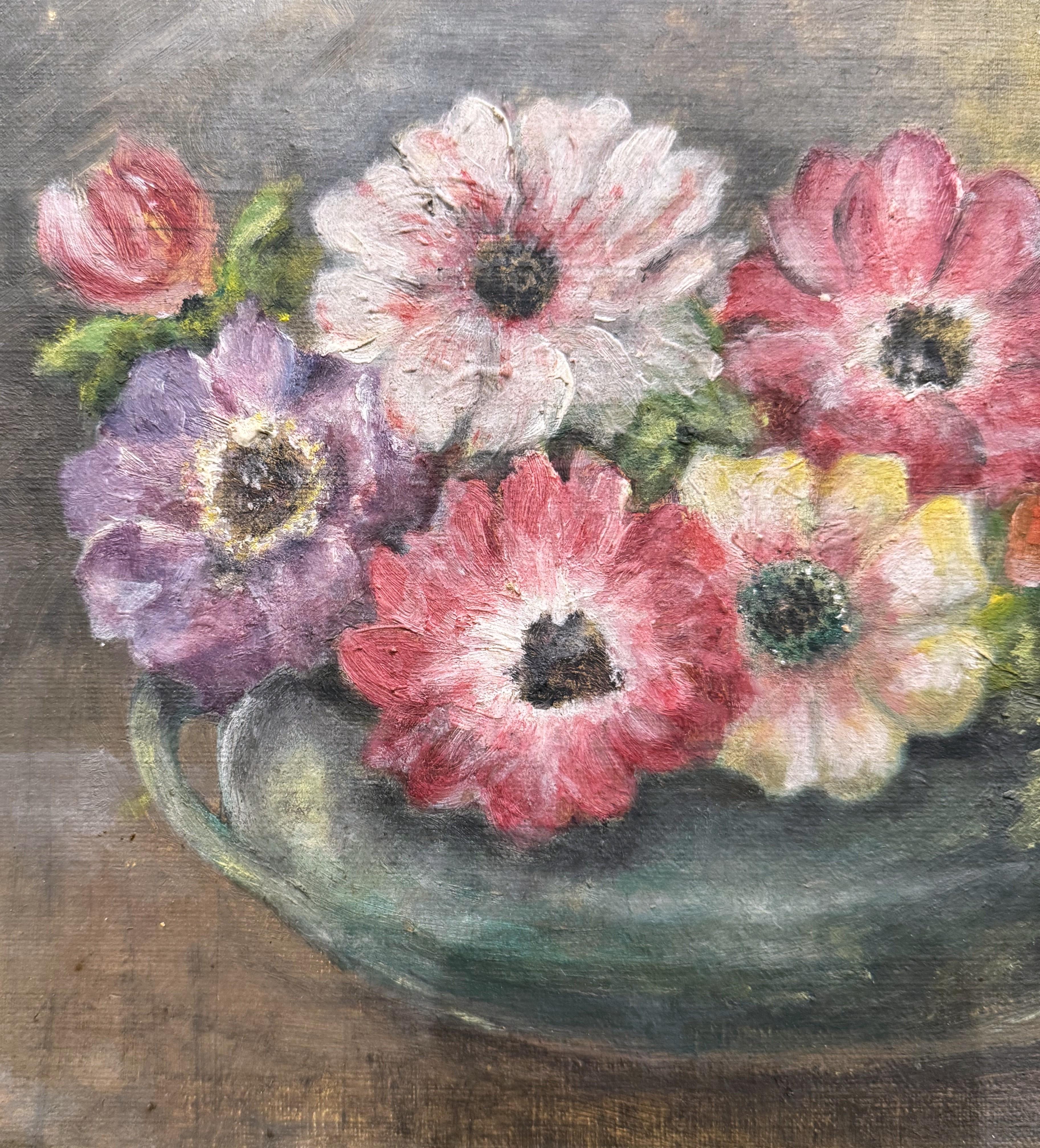 Bodegón francés del siglo XIX Pintura floral sobre tabla en marco de madera dorada tallada en venta 1