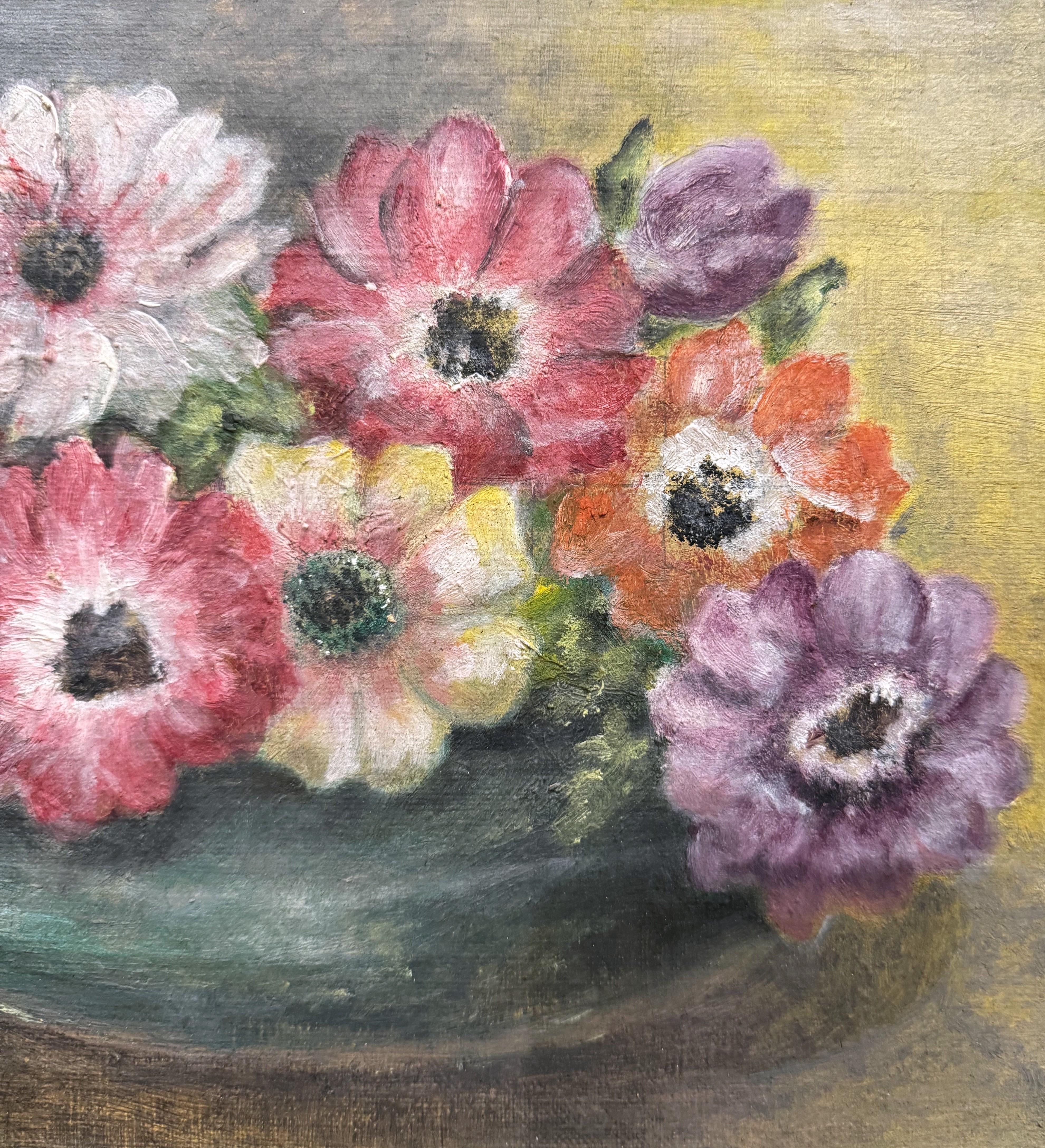 Bodegón francés del siglo XIX Pintura floral sobre tabla en marco de madera dorada tallada en venta 2