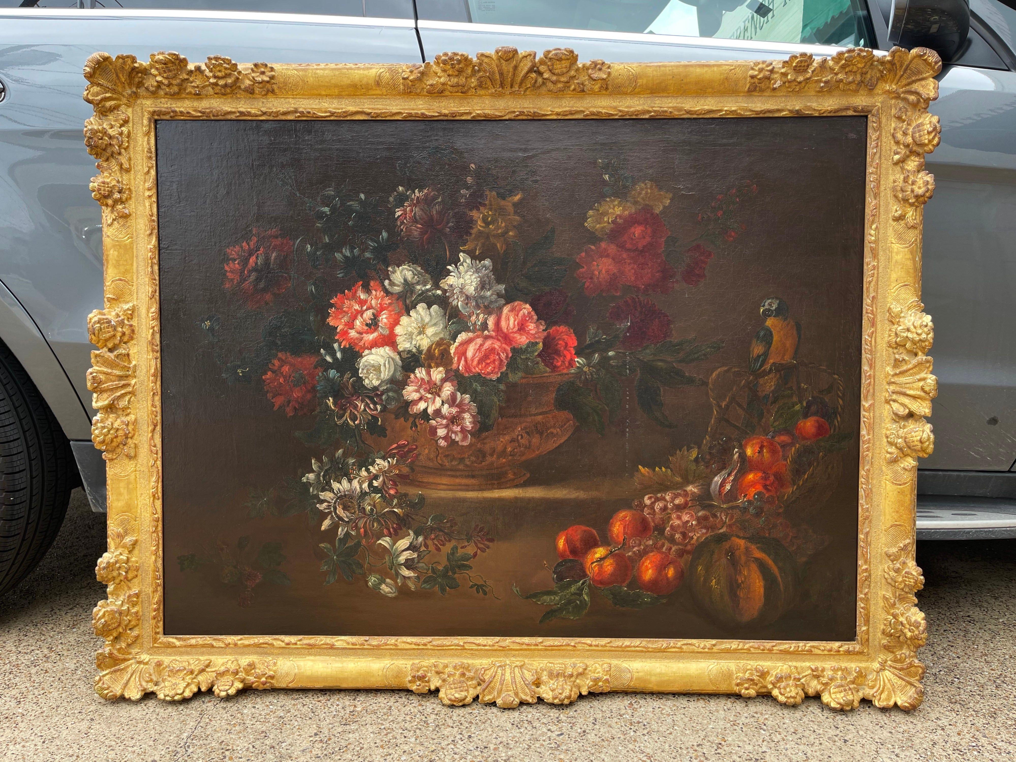 Canvas 19th Century French Still Life Flower Oil Painting in Carved Gilt Frame