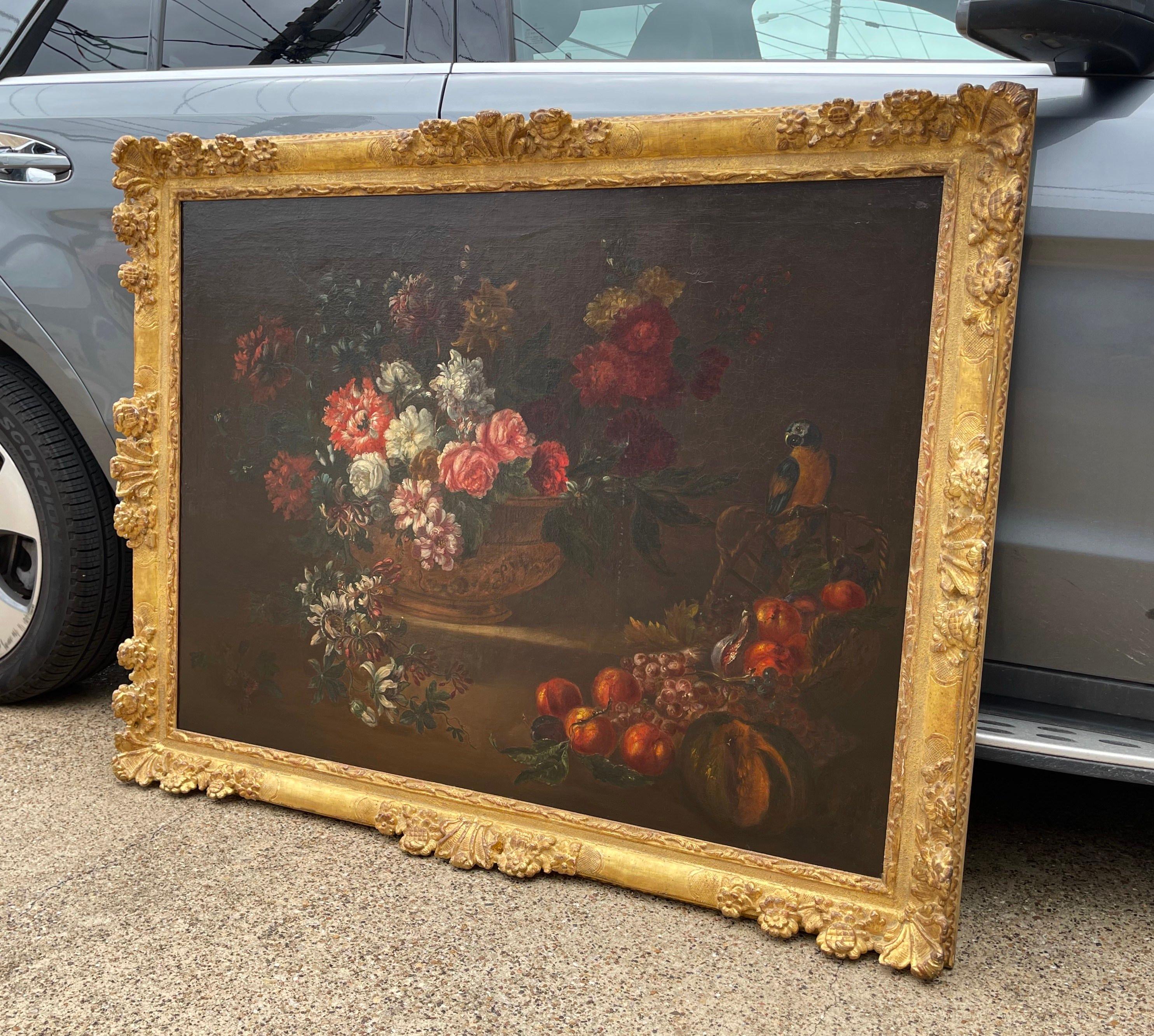 19th Century French Still Life Flower Oil Painting in Carved Gilt Frame 3