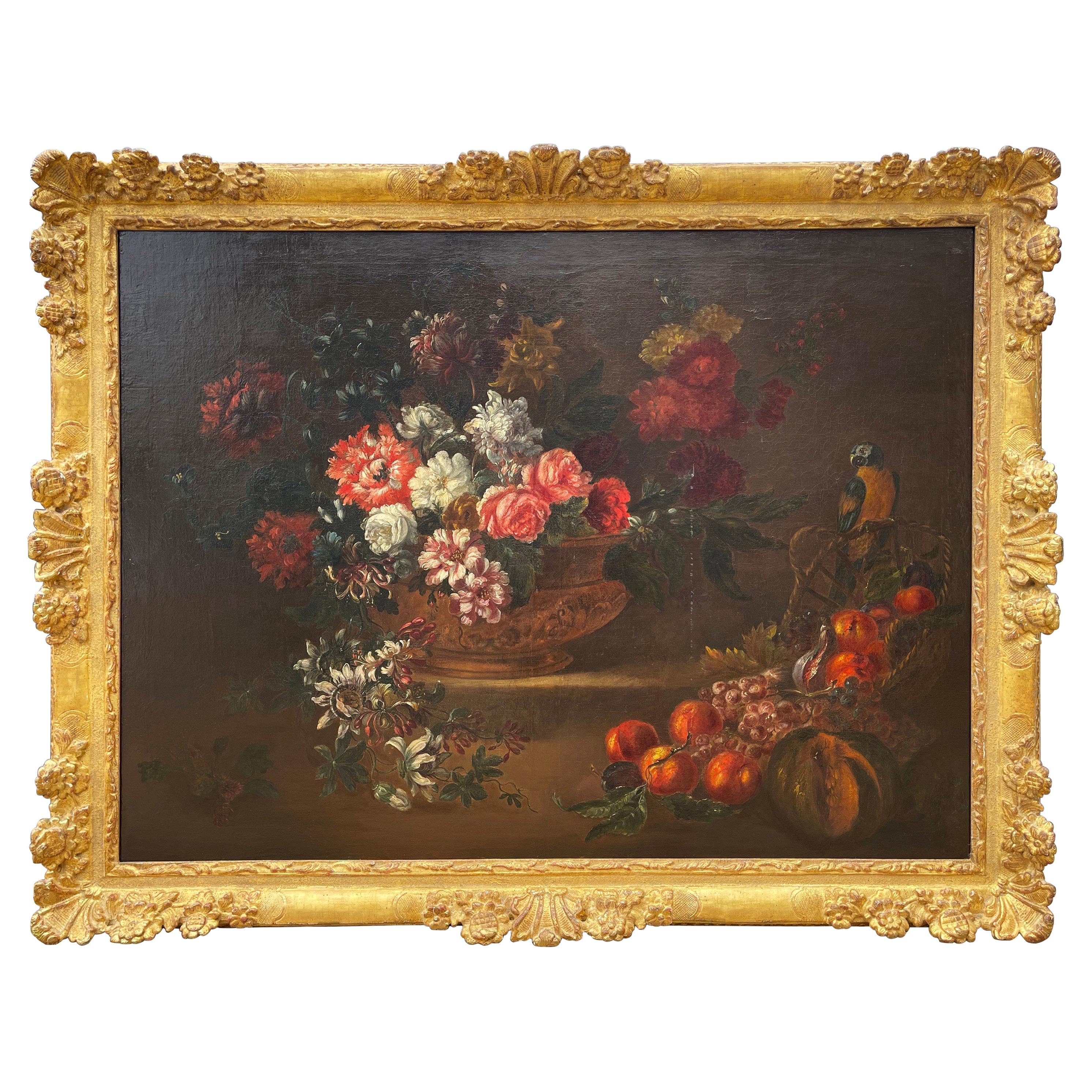 19th Century French Still Life Flower Oil Painting in Carved Gilt Frame