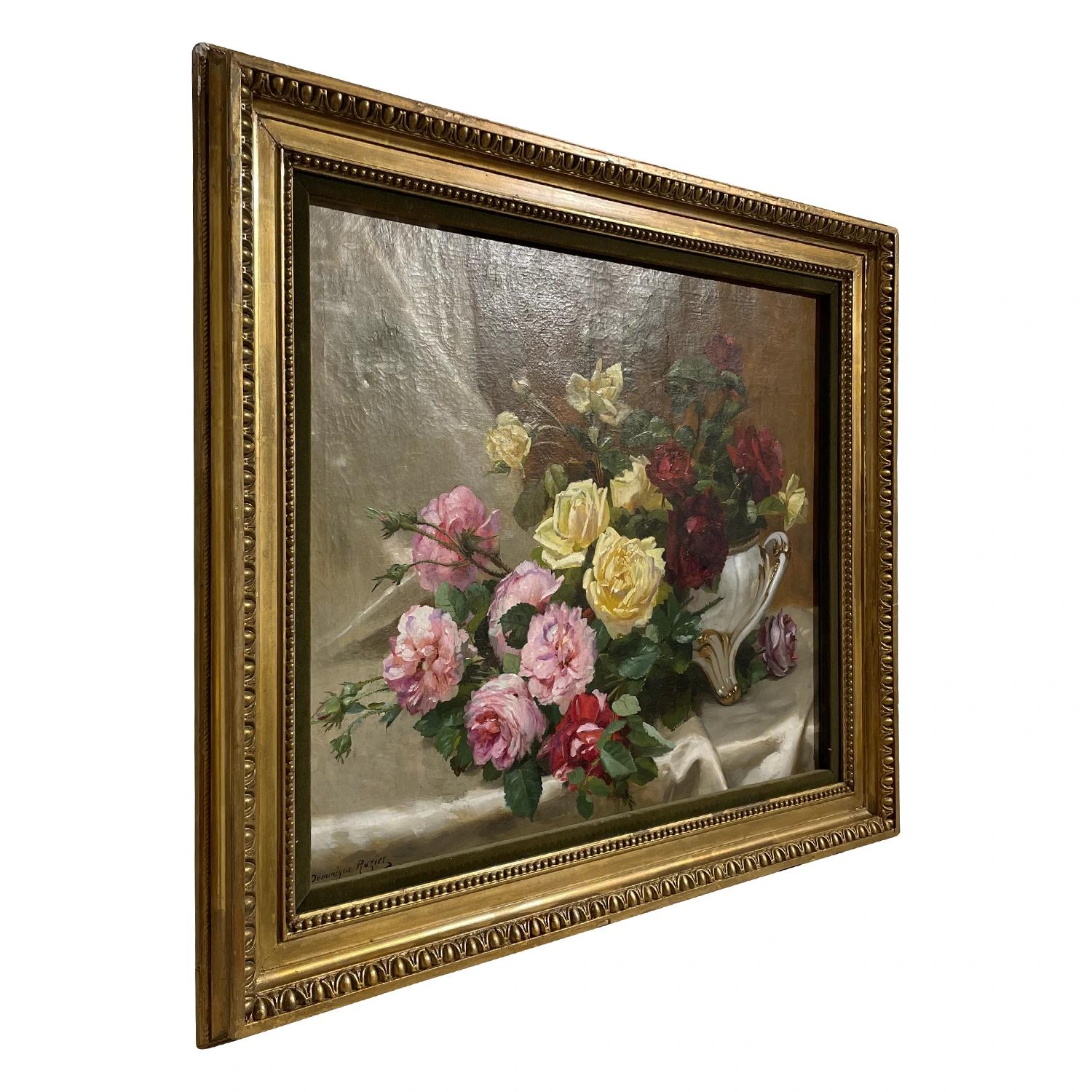 A pink-yellow, antique French still life oil on canvas painting, depicting a white ceramic vase with many roses, painted by Dominique Hubert Rozier in a handcrafted, original gilded wood frame, in good condition. The colorful Parisian painting is