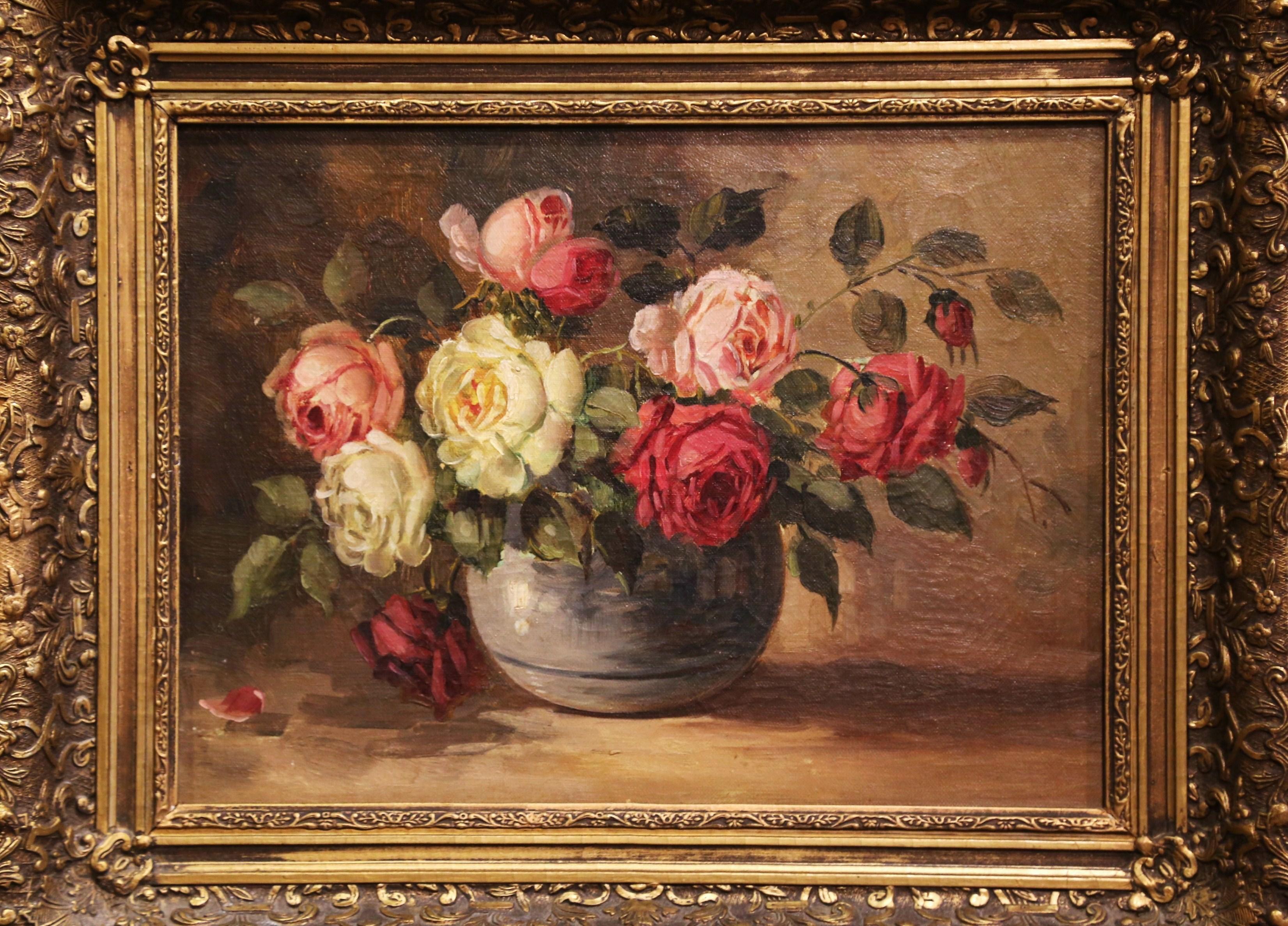 19th Century French Still Life Oil on Canvas Painting in Carved Gilt Frame In Excellent Condition In Dallas, TX