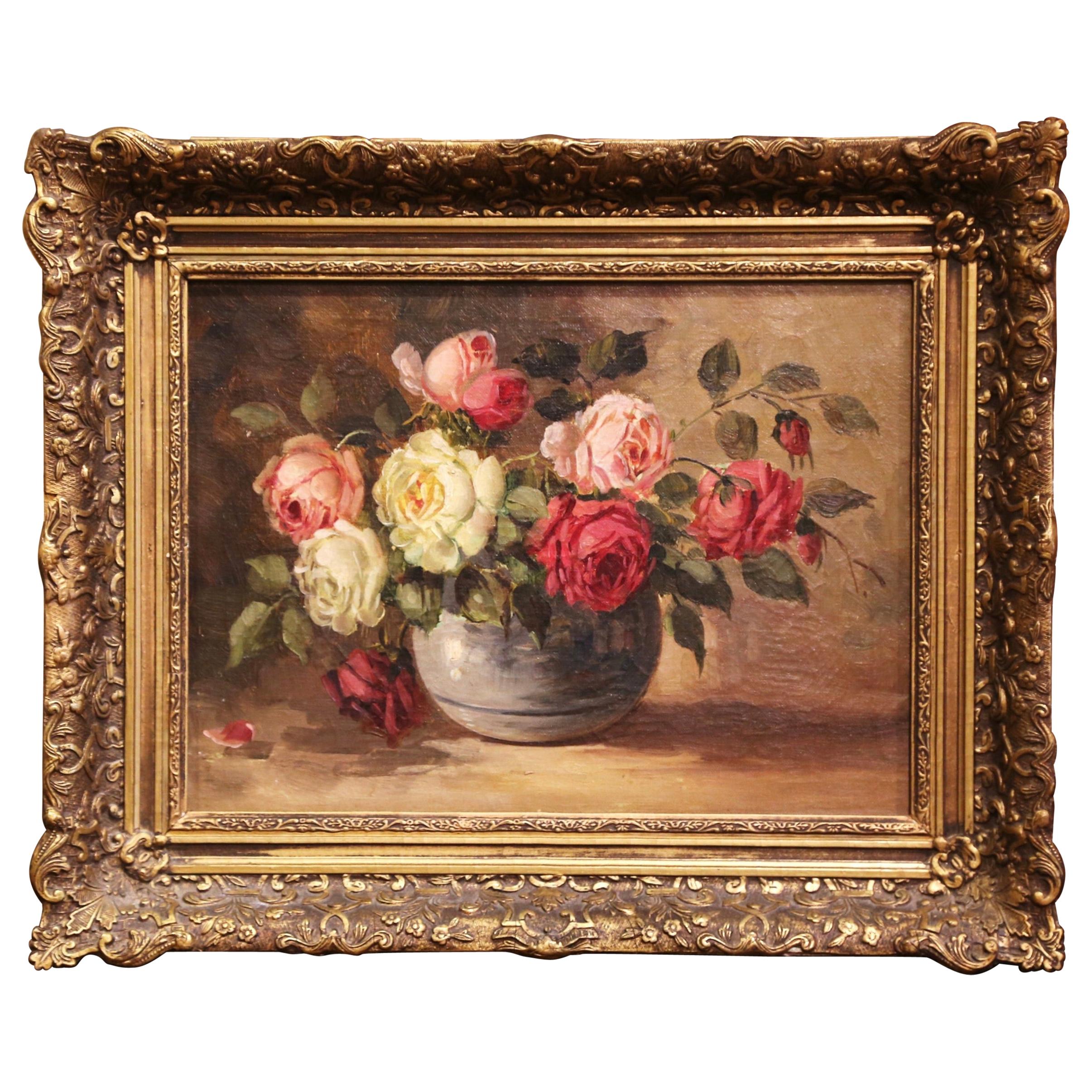 19th Century French Still Life Oil on Canvas Painting in Carved Gilt Frame