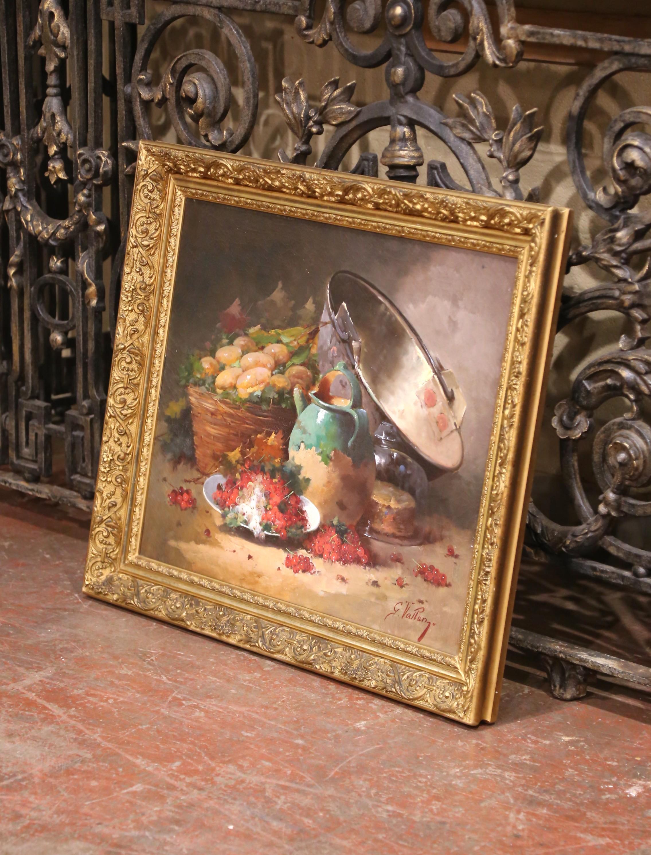 Rich in detail and traditional charm, this late 19th-century French still life painting is signed by G. Vallon, an academic artist known for classical compositions and refined technique. Executed in oil on canvas, the work captures a rustic kitchen