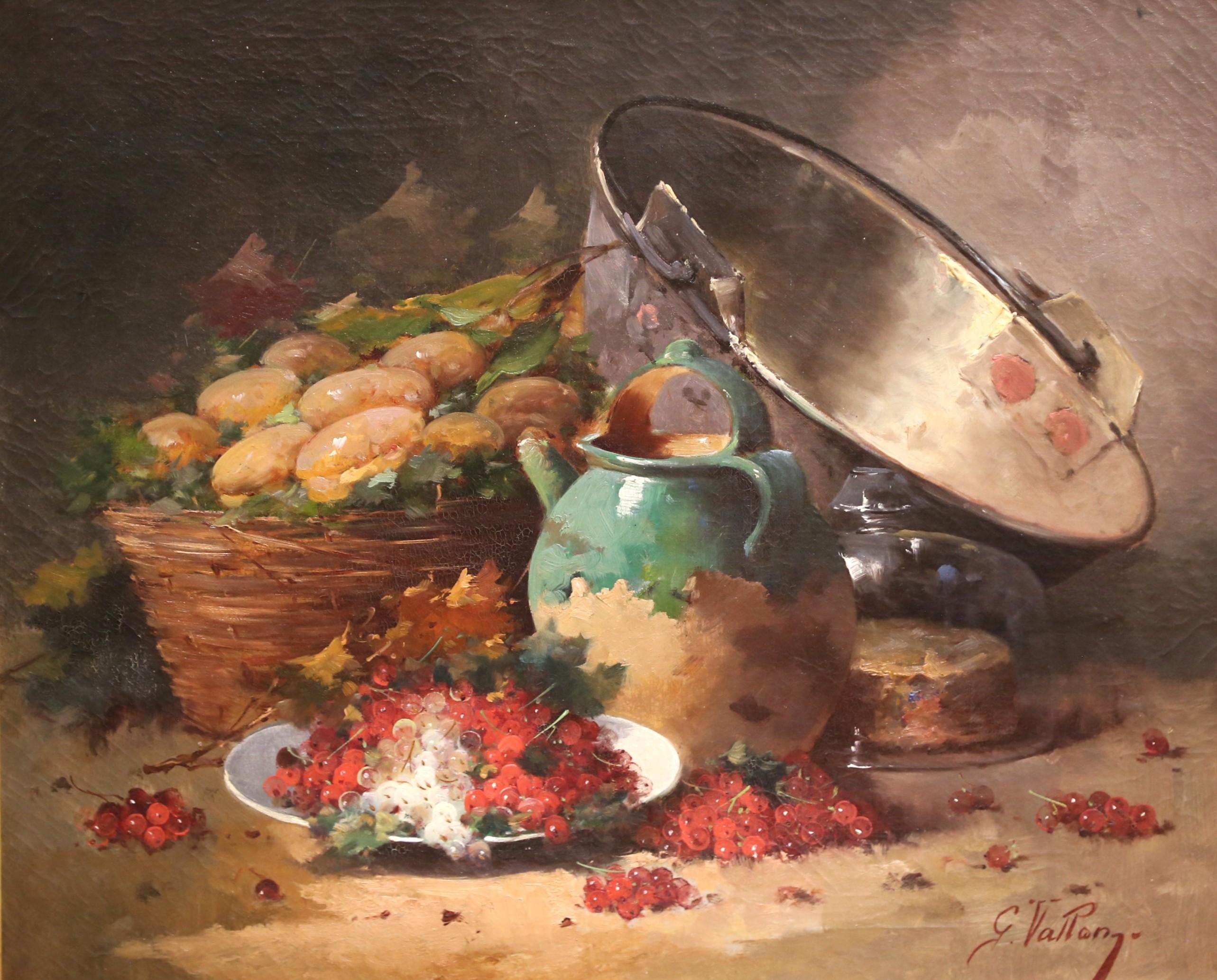 19th Century French Still Life Oil Painting in Carved Gilt Frame by G. Vallon In Excellent Condition For Sale In Dallas, TX