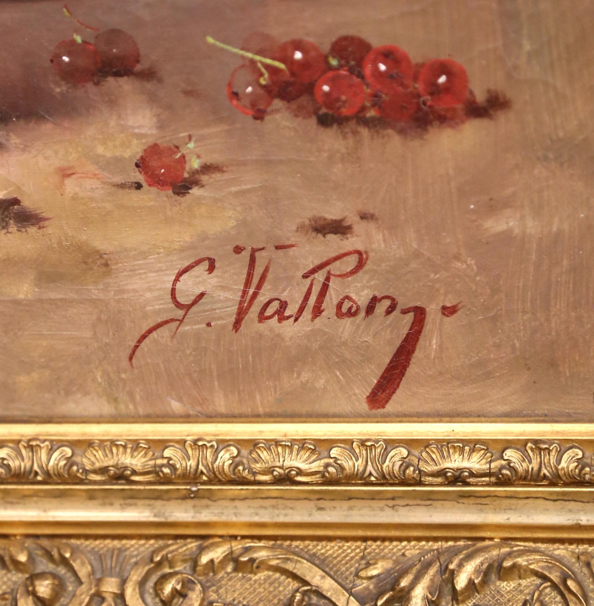 Giltwood 19th Century French Still Life Oil Painting in Carved Gilt Frame by G. Vallon For Sale