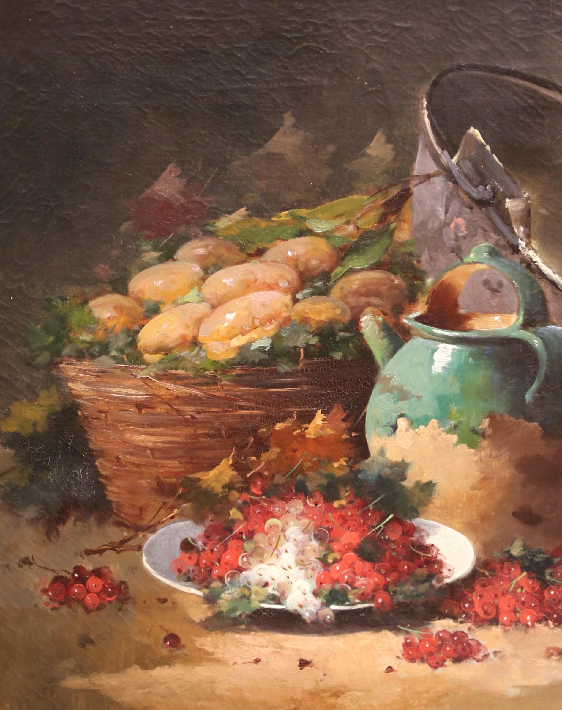 19th Century French Still Life Oil Painting in Carved Gilt Frame by G. Vallon For Sale 1