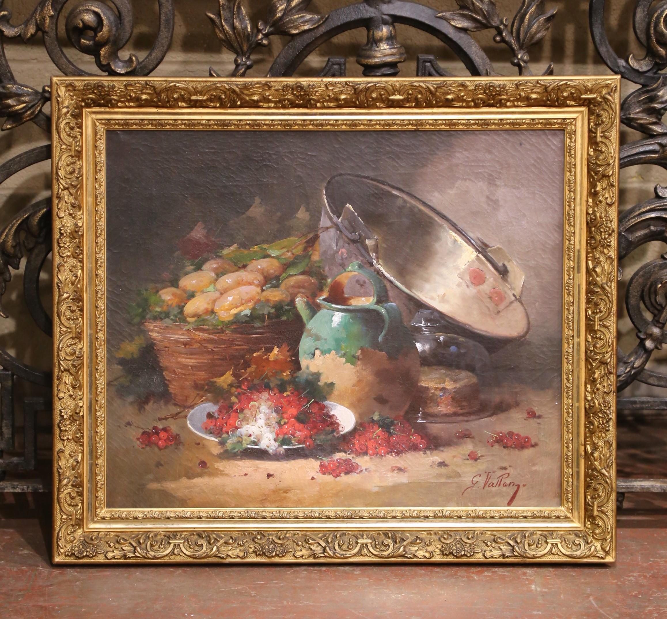 19th Century French Still Life Oil Painting in Carved Gilt Frame by G. Vallon For Sale 2