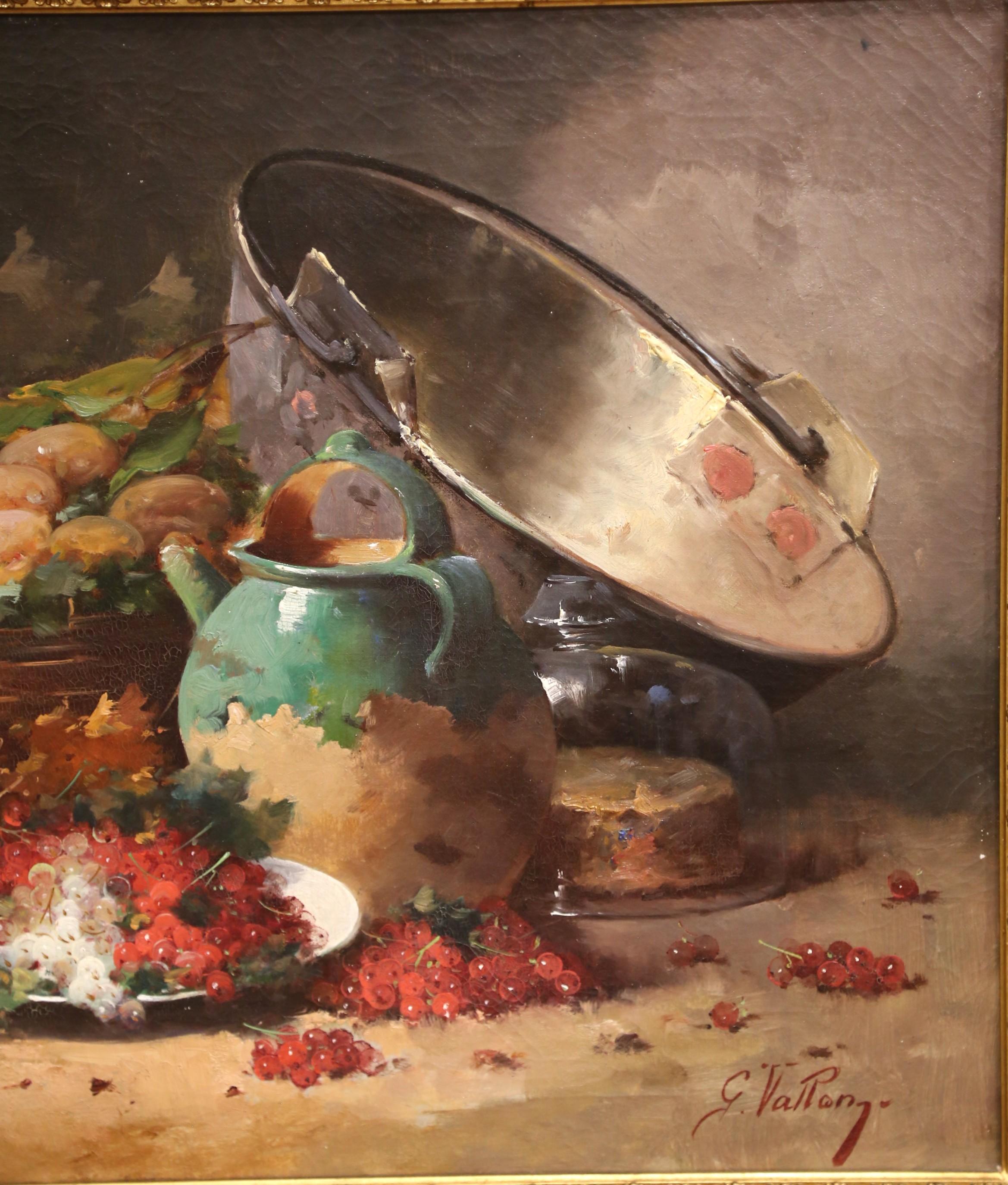 19th Century French Still Life Oil Painting in Carved Gilt Frame by G. Vallon For Sale 3