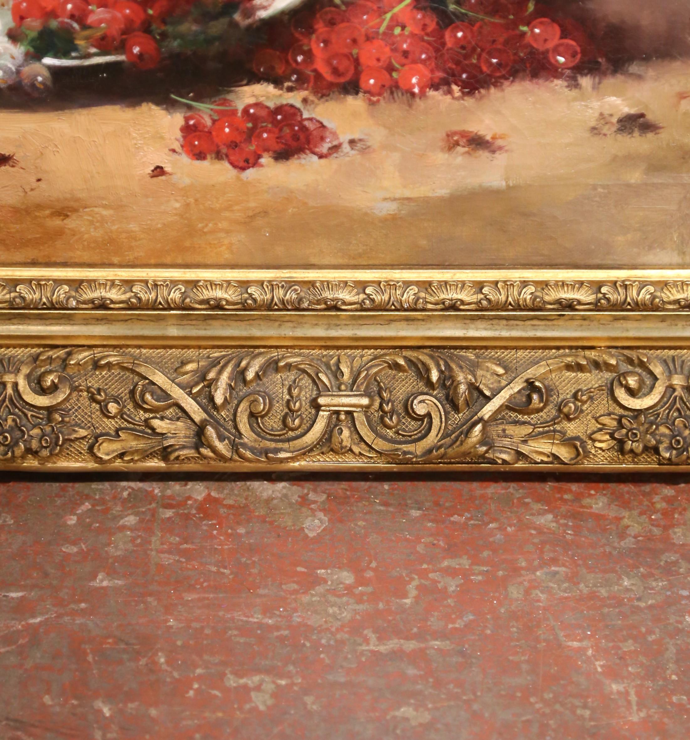 19th Century French Still Life Oil Painting in Carved Gilt Frame by G. Vallon For Sale 5