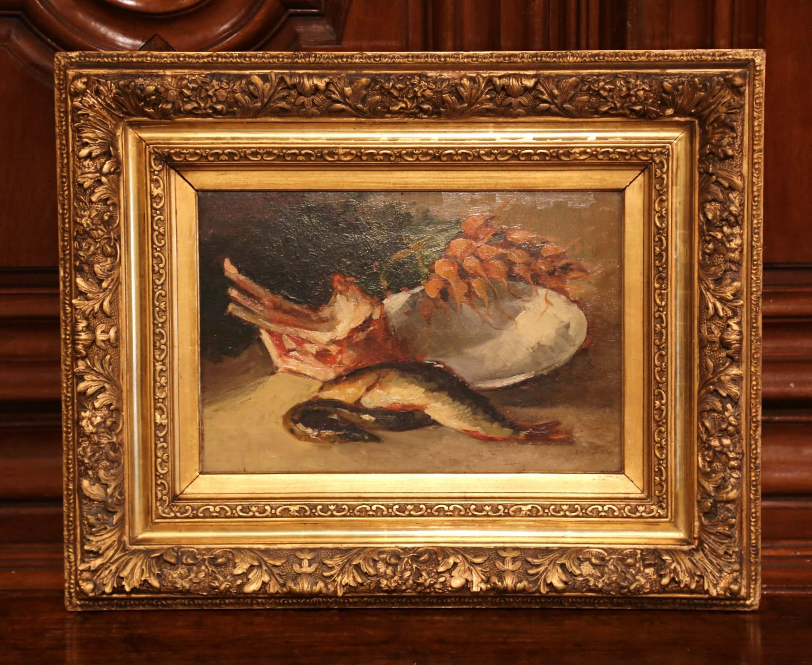 19th Century French Still life Oil Painting on Board in Carved Gilt Frame In Excellent Condition In Dallas, TX