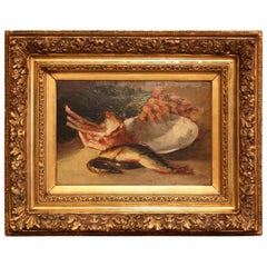 19th Century French Still life Oil Painting on Board in Carved Gilt Frame