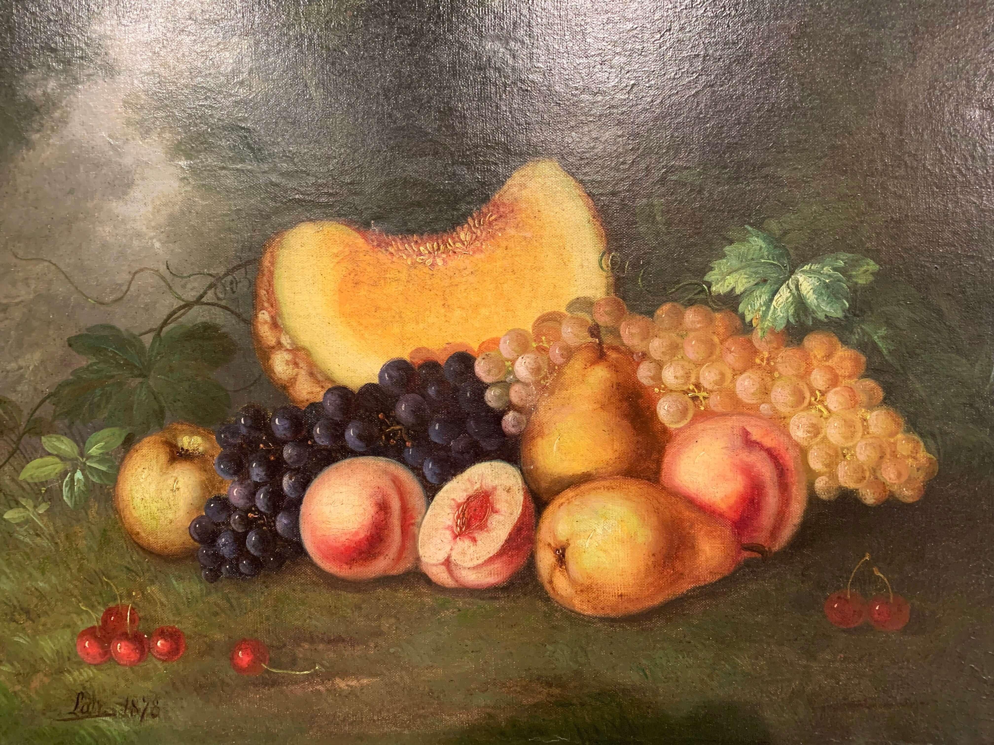 Decorate a kitchen or a breakfast room wall with this colorful, antique painting. Set in a simple, two-tone fruit wood frame with marquetry work, the oil on canvas painting shows a fruit still life composition which includes melon, grape, apple,