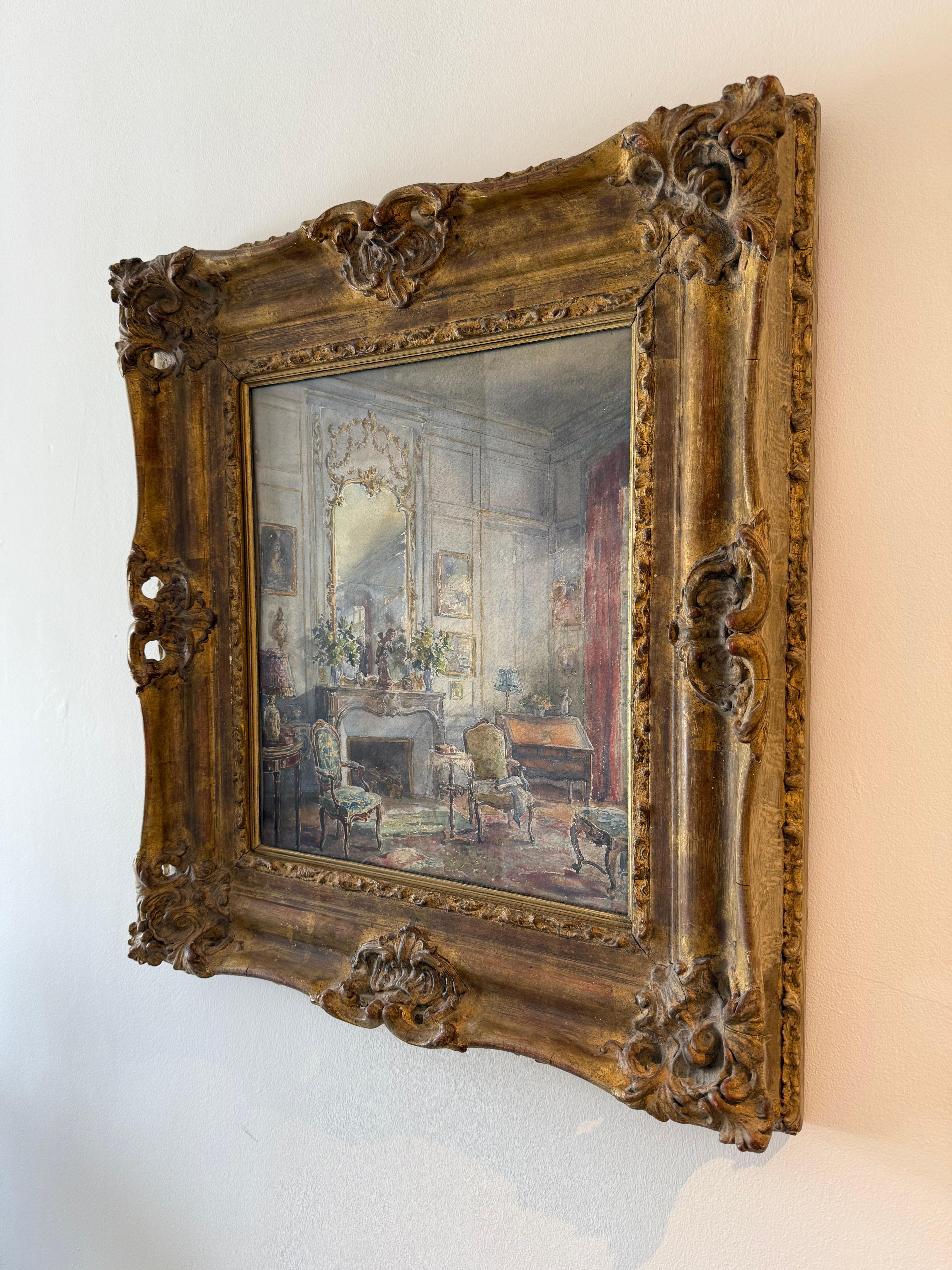 Une belle nature morte française du 19e siècle à l'aquarelle  d'un intérieur de château français.  Dans un beau cadre doré d'époque qui présente une magnifique usure de la dorure à l'eau.

Veuillez nous contacter pour un devis d'expédition dans le