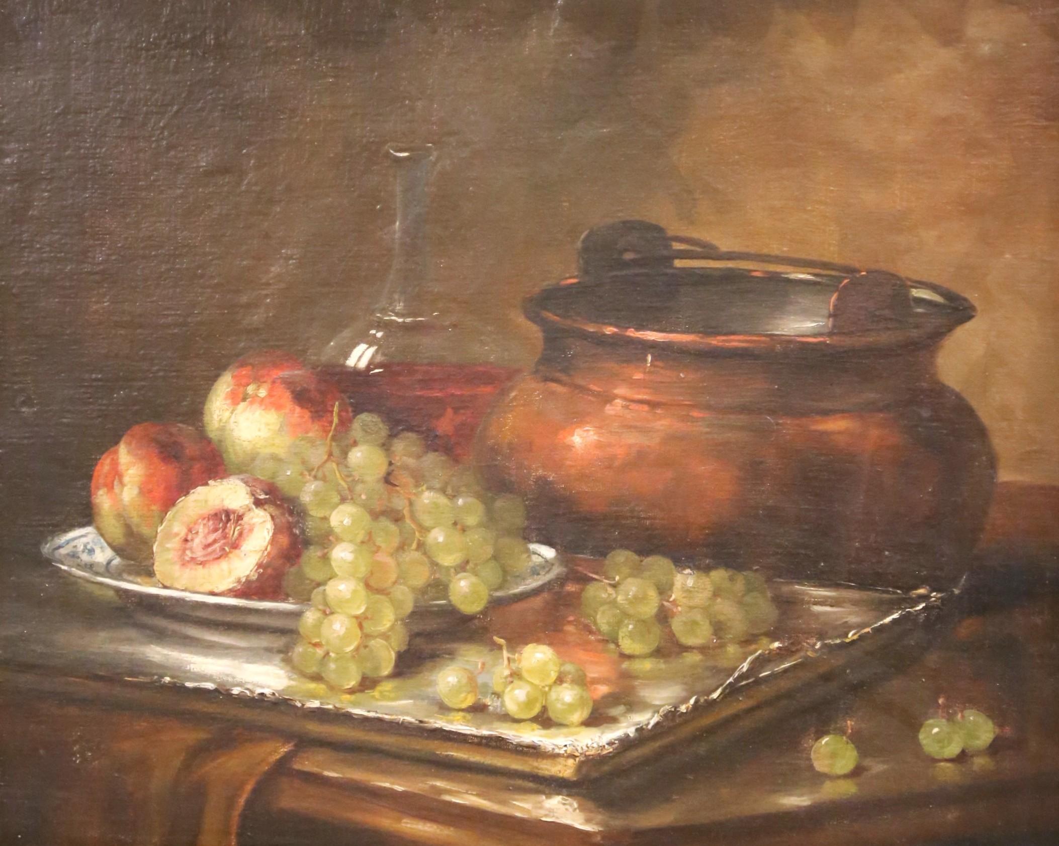 19th Century French Still Life with Fruit and Copper Pot in Carved Walnut Frame In Excellent Condition For Sale In Dallas, TX