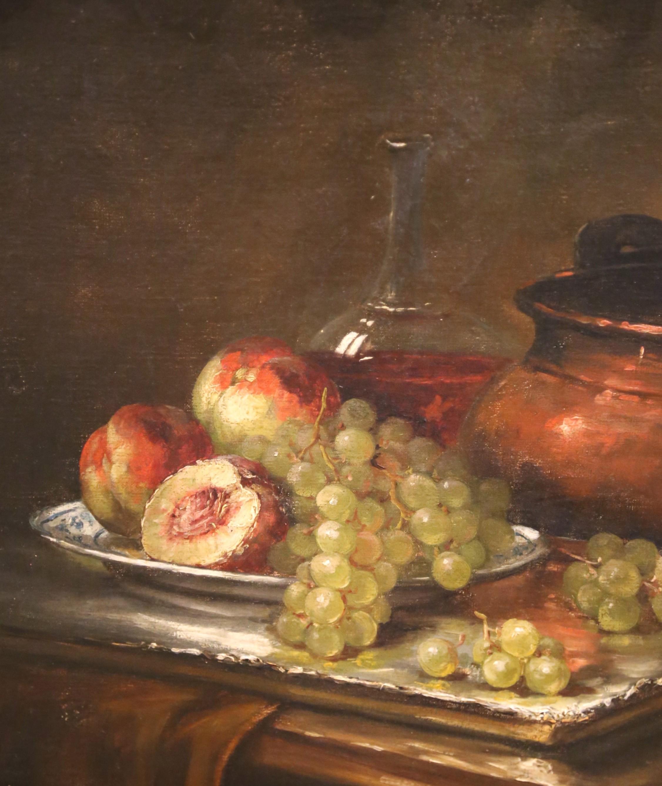 Canvas 19th Century French Still Life with Fruit and Copper Pot in Carved Walnut Frame For Sale