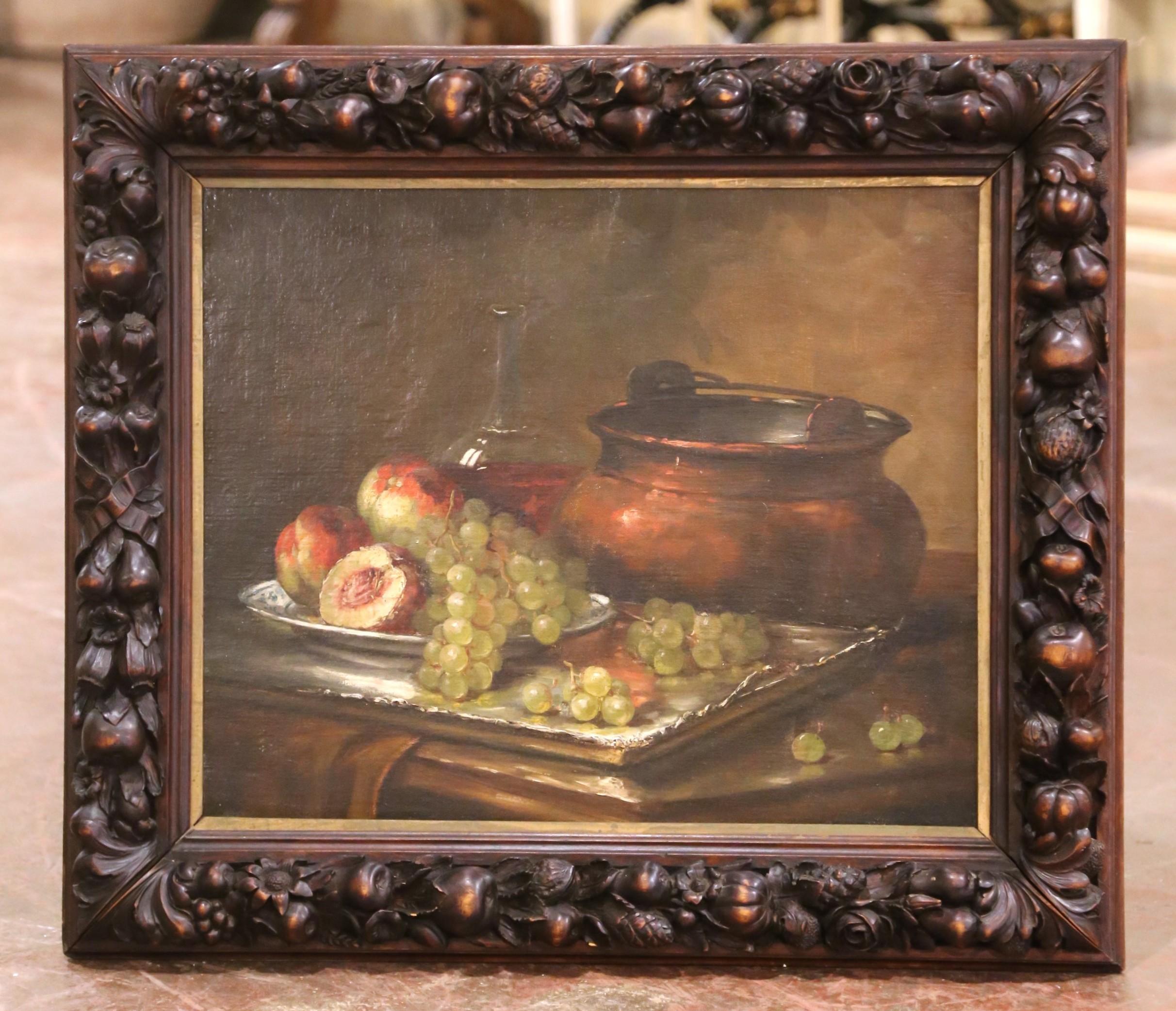 19th Century French Still Life with Fruit and Copper Pot in Carved Walnut Frame For Sale 1