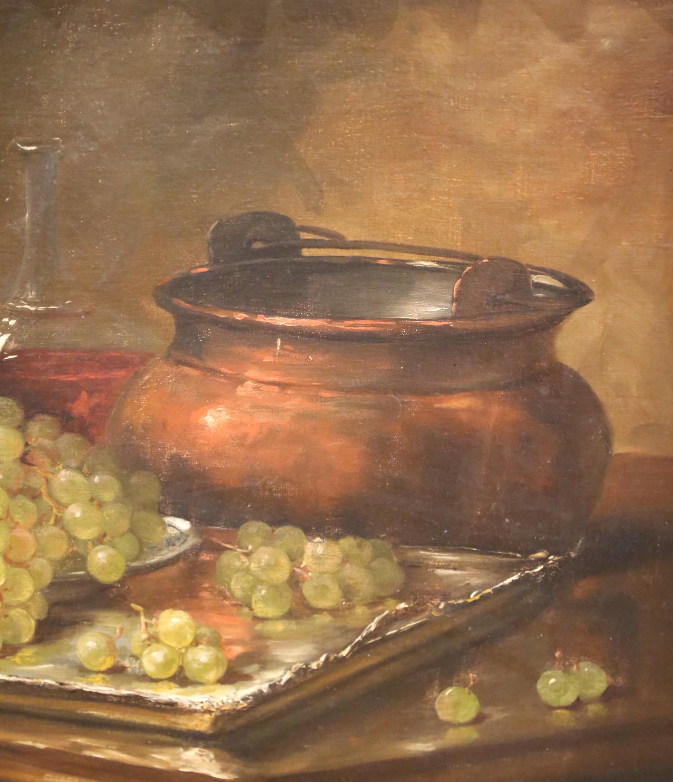 19th Century French Still Life with Fruit and Copper Pot in Carved Walnut Frame For Sale 2