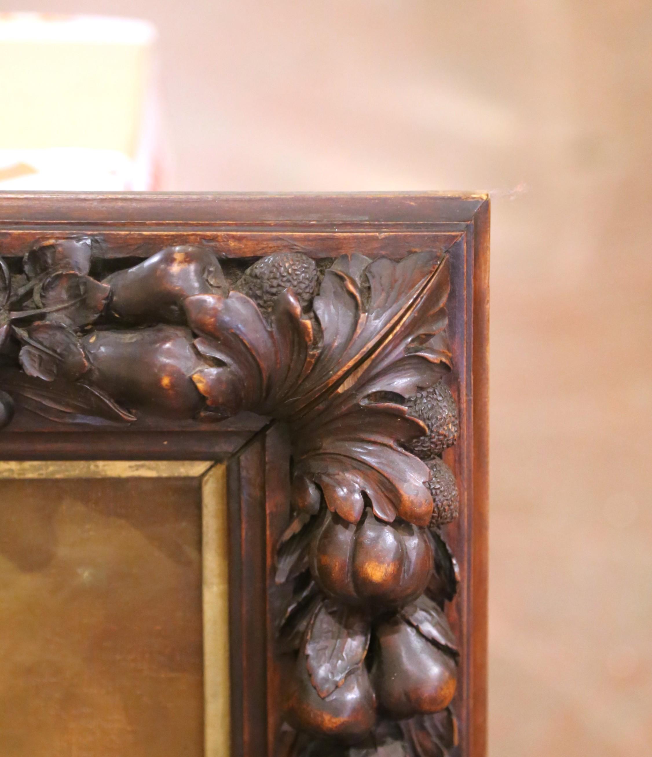 19th Century French Still Life with Fruit and Copper Pot in Carved Walnut Frame For Sale 3