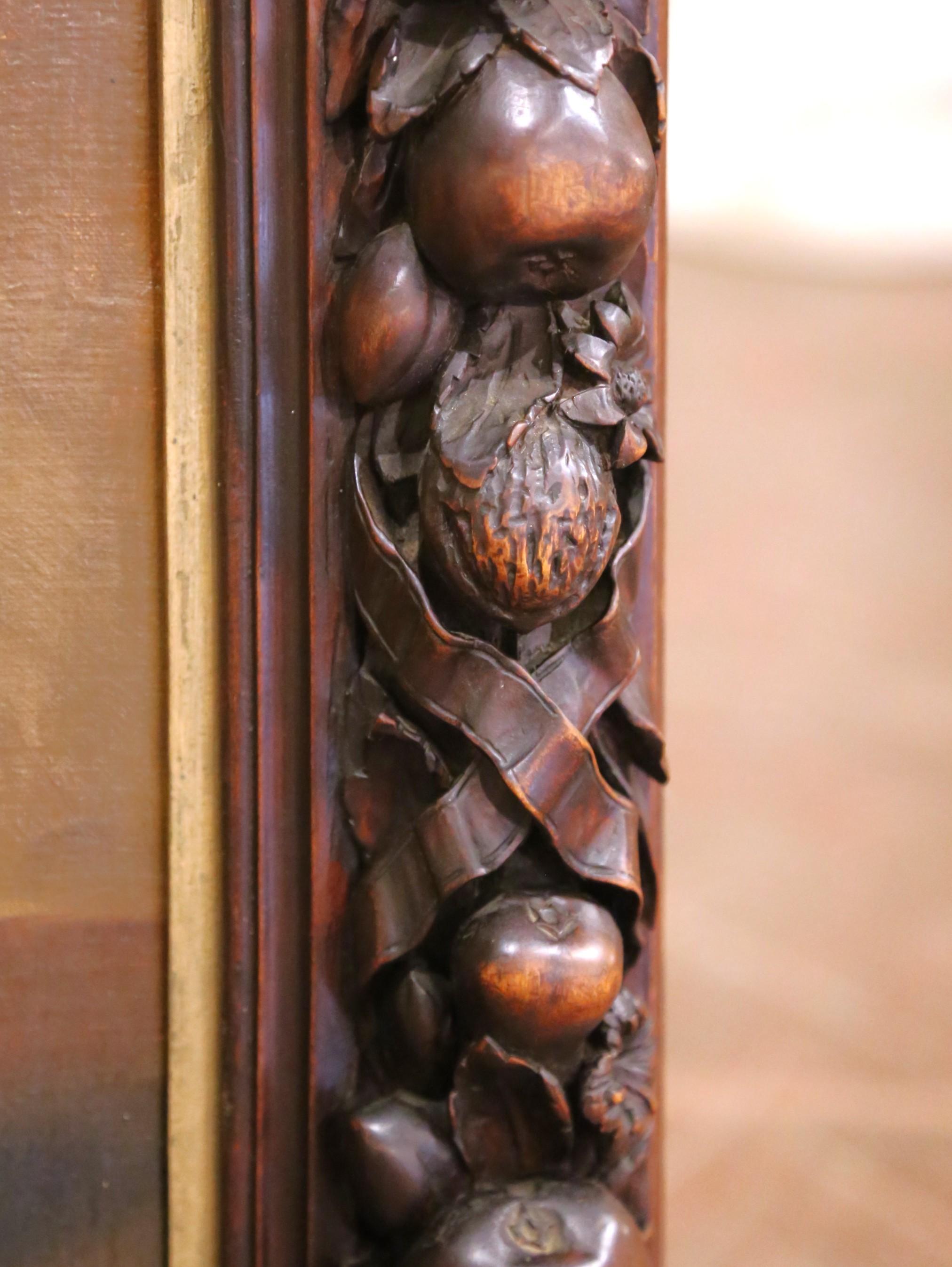 19th Century French Still Life with Fruit and Copper Pot in Carved Walnut Frame For Sale 4