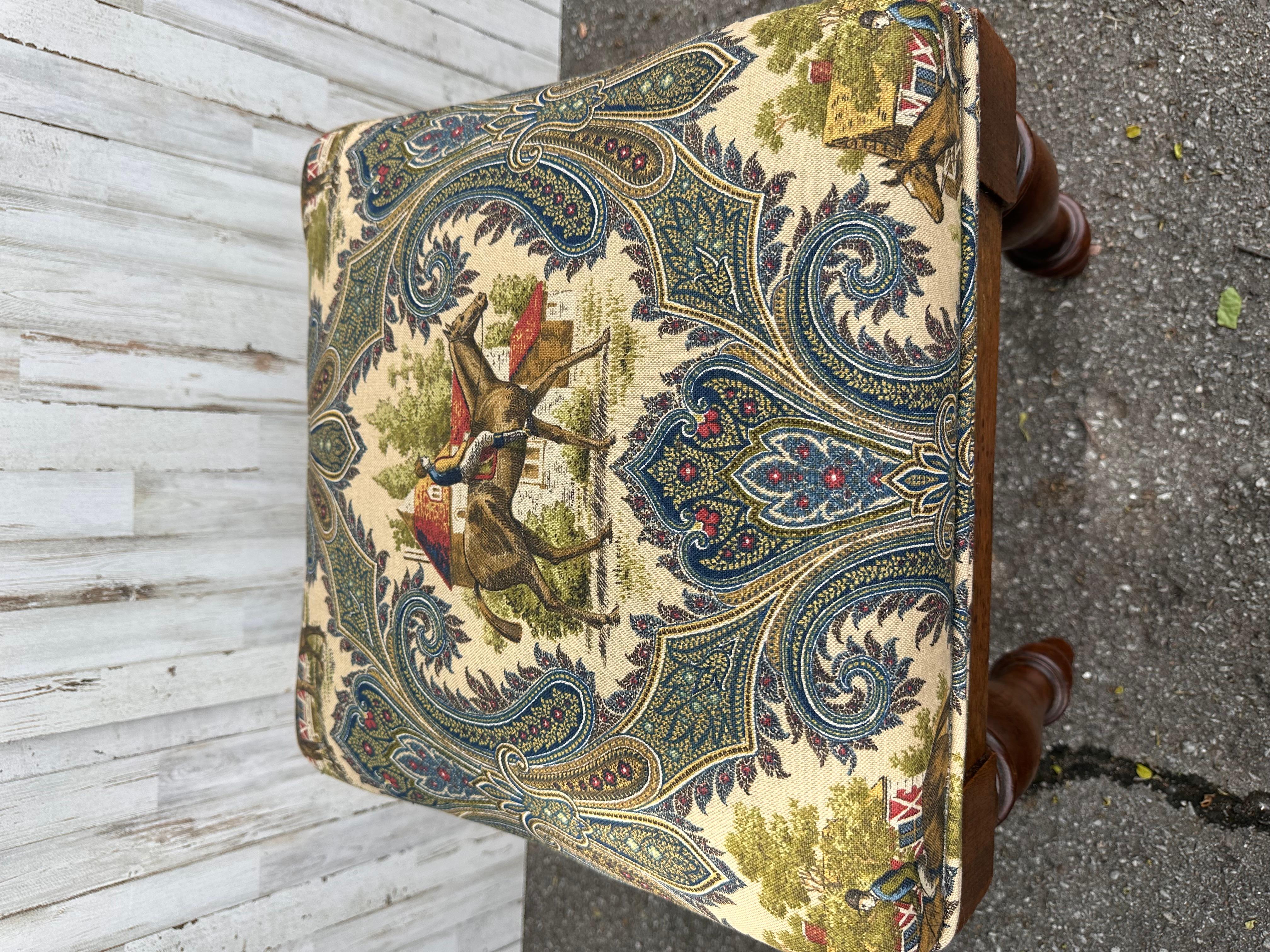 There is a 19th century French stool frame that we acquired and had recovered in a beautiful equestrian fabric. I really love the size of the legs for a small piece it gives it such a presence having the larger turned legs. The frame is an excellent