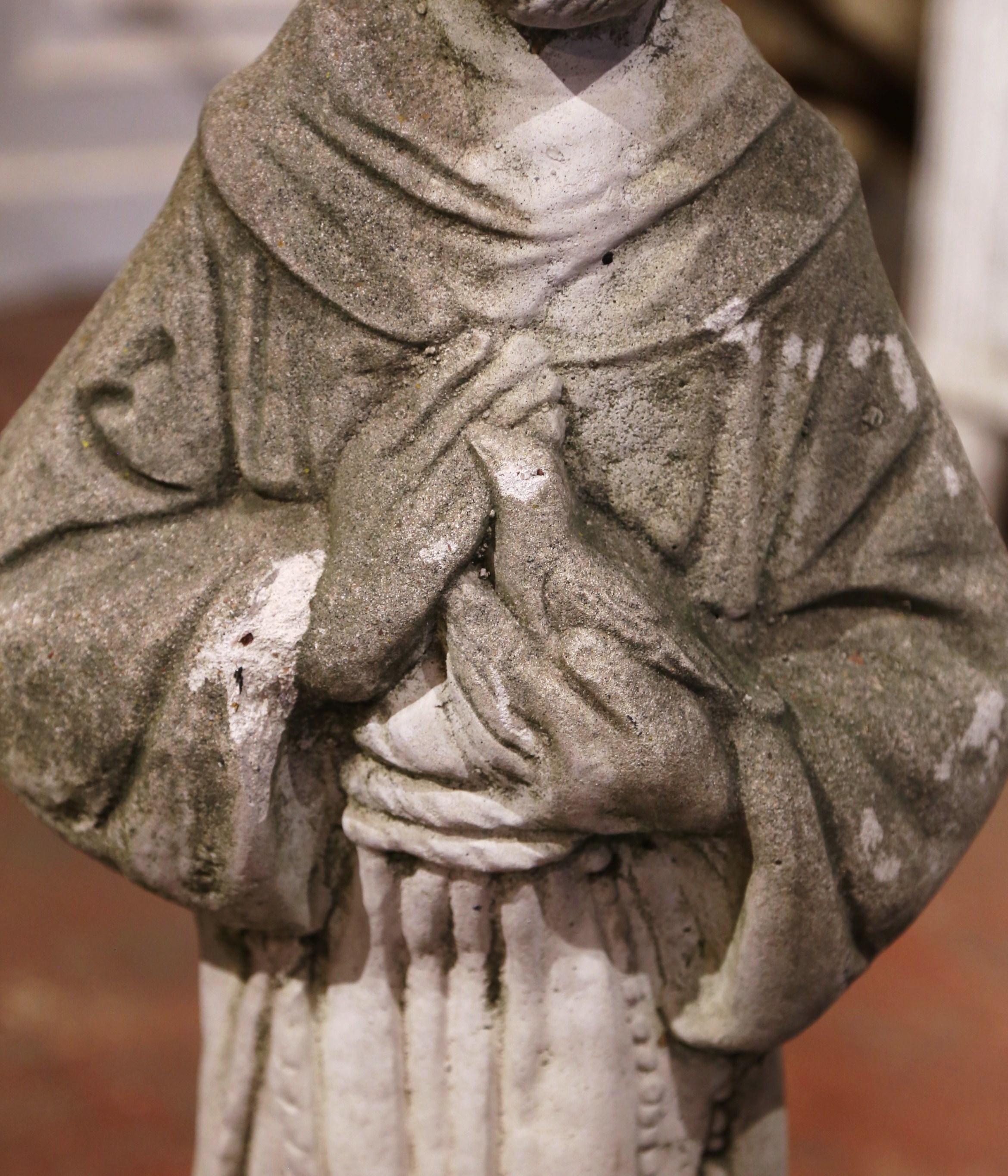Hand-Carved 19th Century French Stone Statue of St. Francis with Bird, Patron of Animals