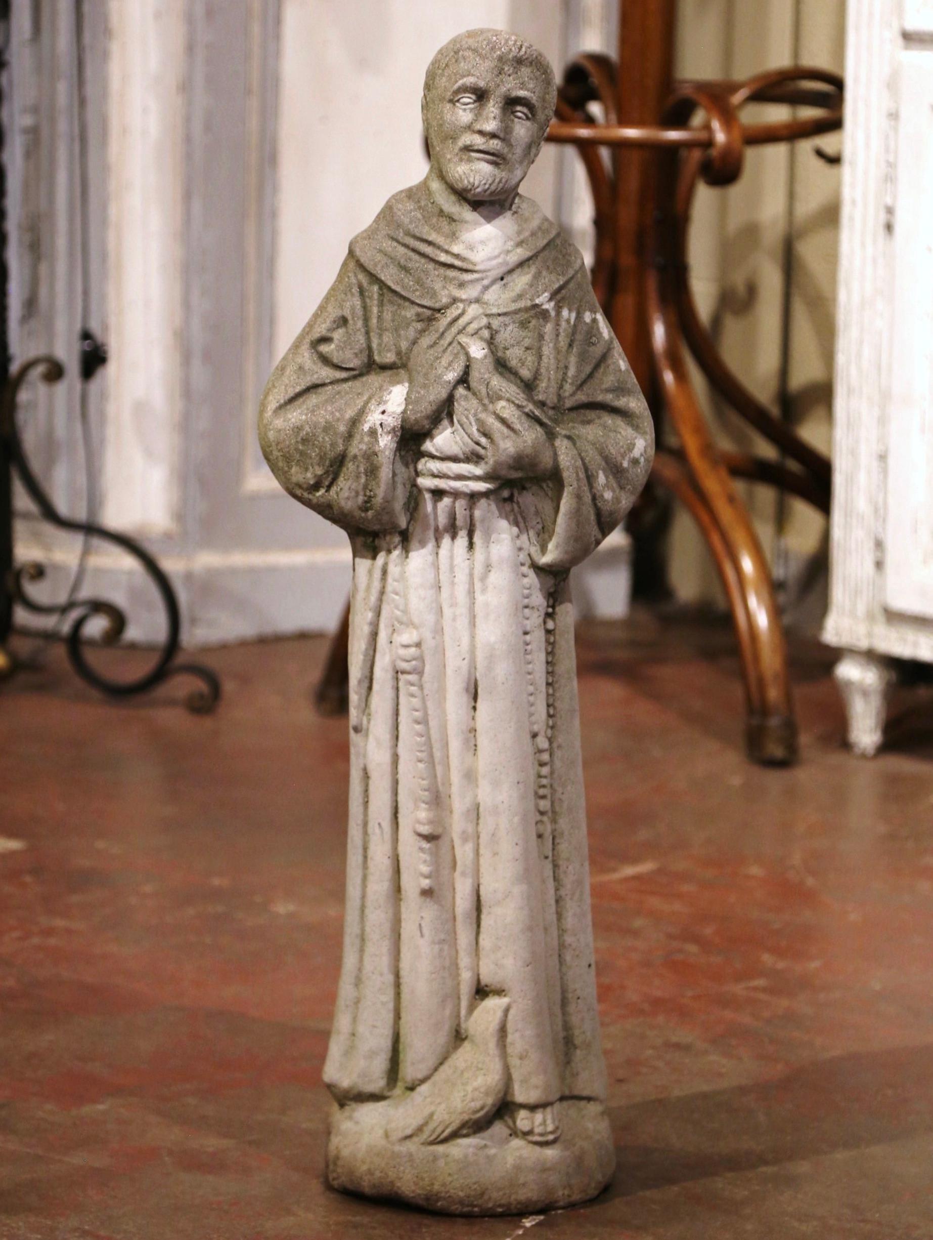 Hand-Carved 19th Century French Stone Statue of St. Francis with Bird, Patron of Animals
