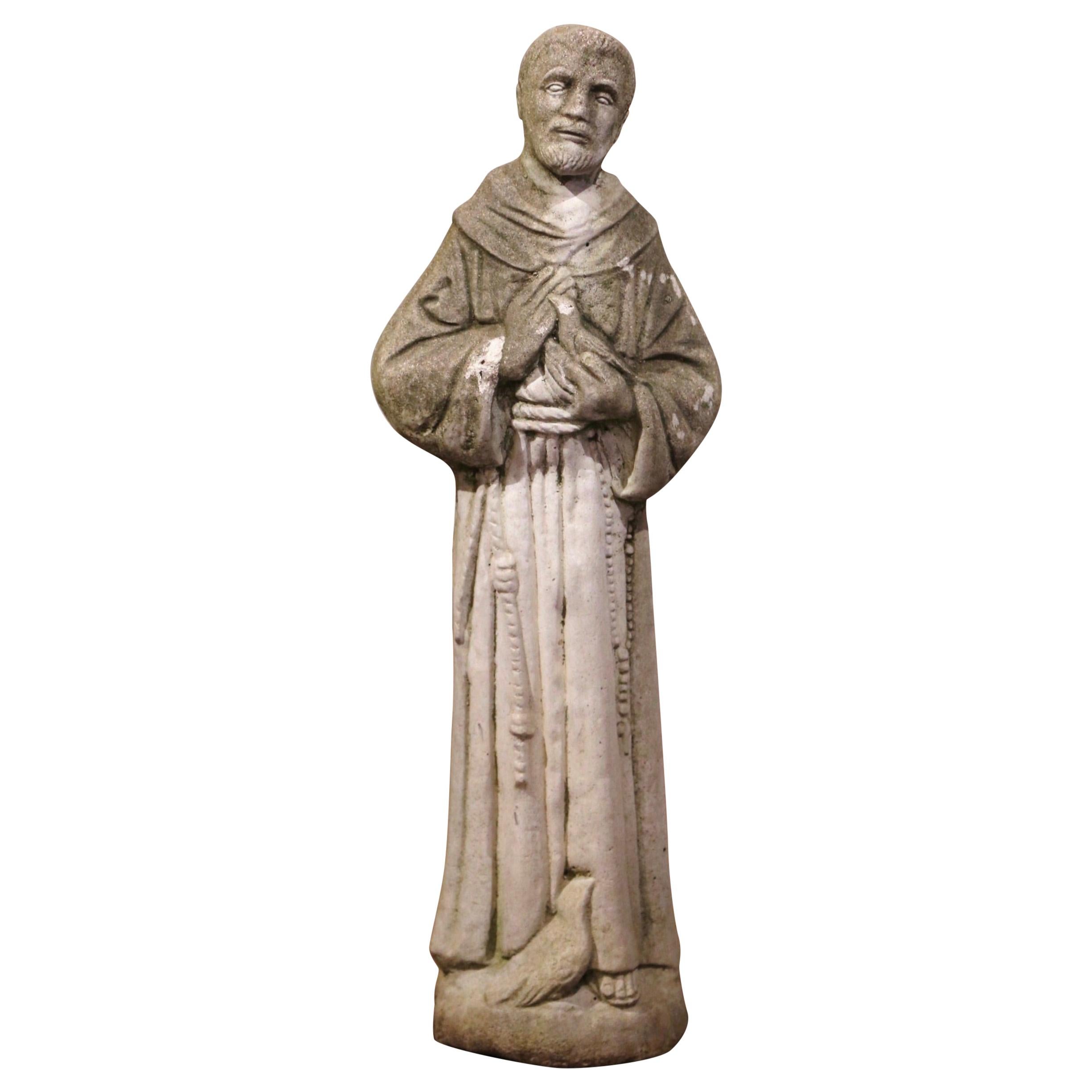 19th Century French Stone Statue of St. Francis with Bird, Patron of Animals