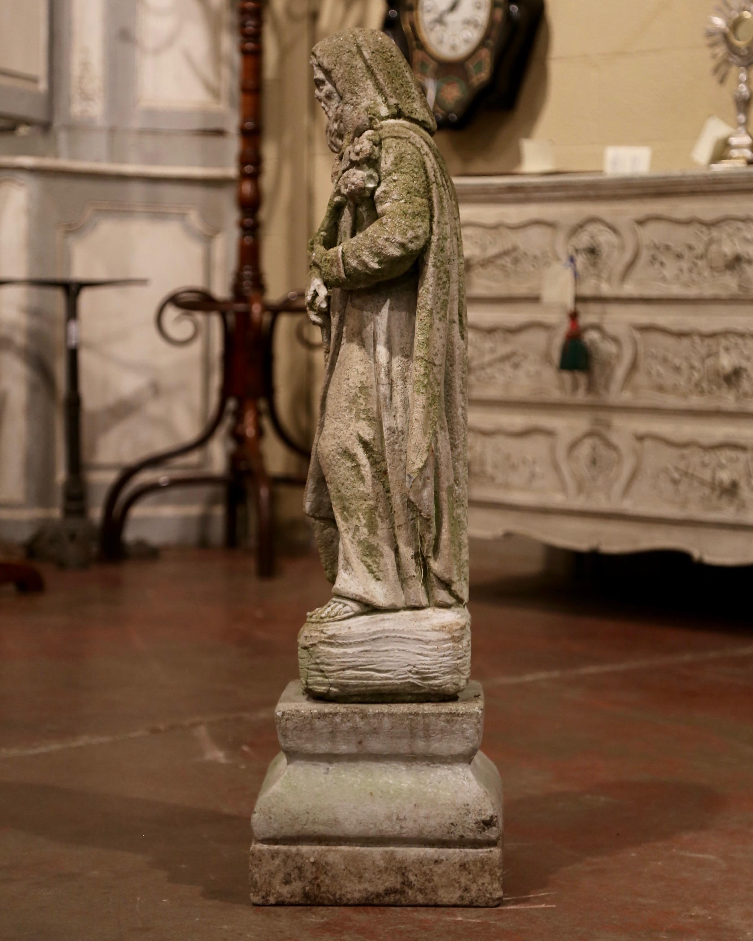 Hand-Carved 19th Century French Stone Statue on Base of St. Fiacre Patron of Gardeners