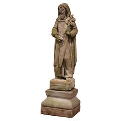 19th Century French Stone Statue on Base of St. Fiacre Patron of Gardeners