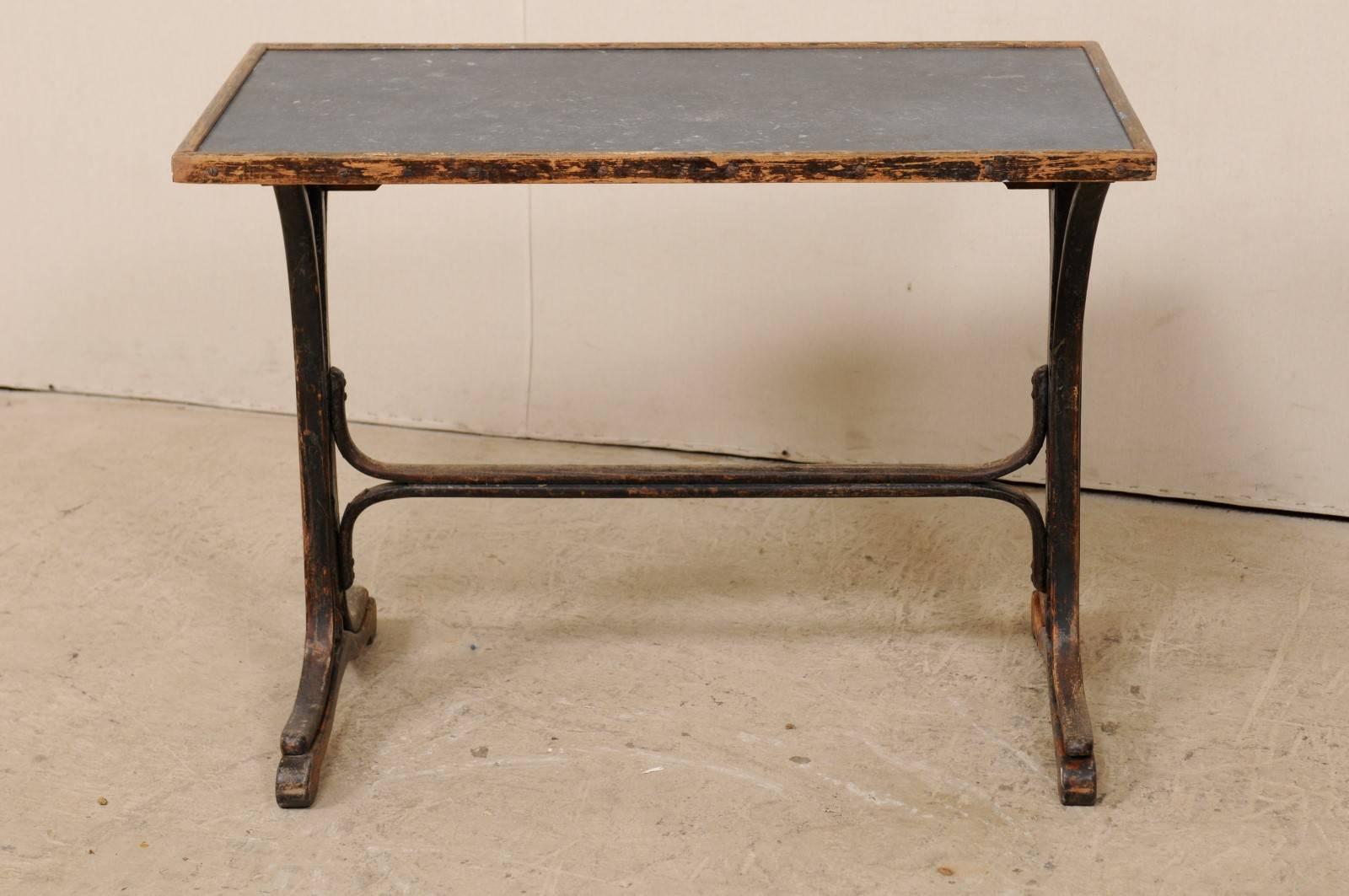 Carved 19th Century French Stone Top Desk with Beautifully Patinated Trestle Wood Base