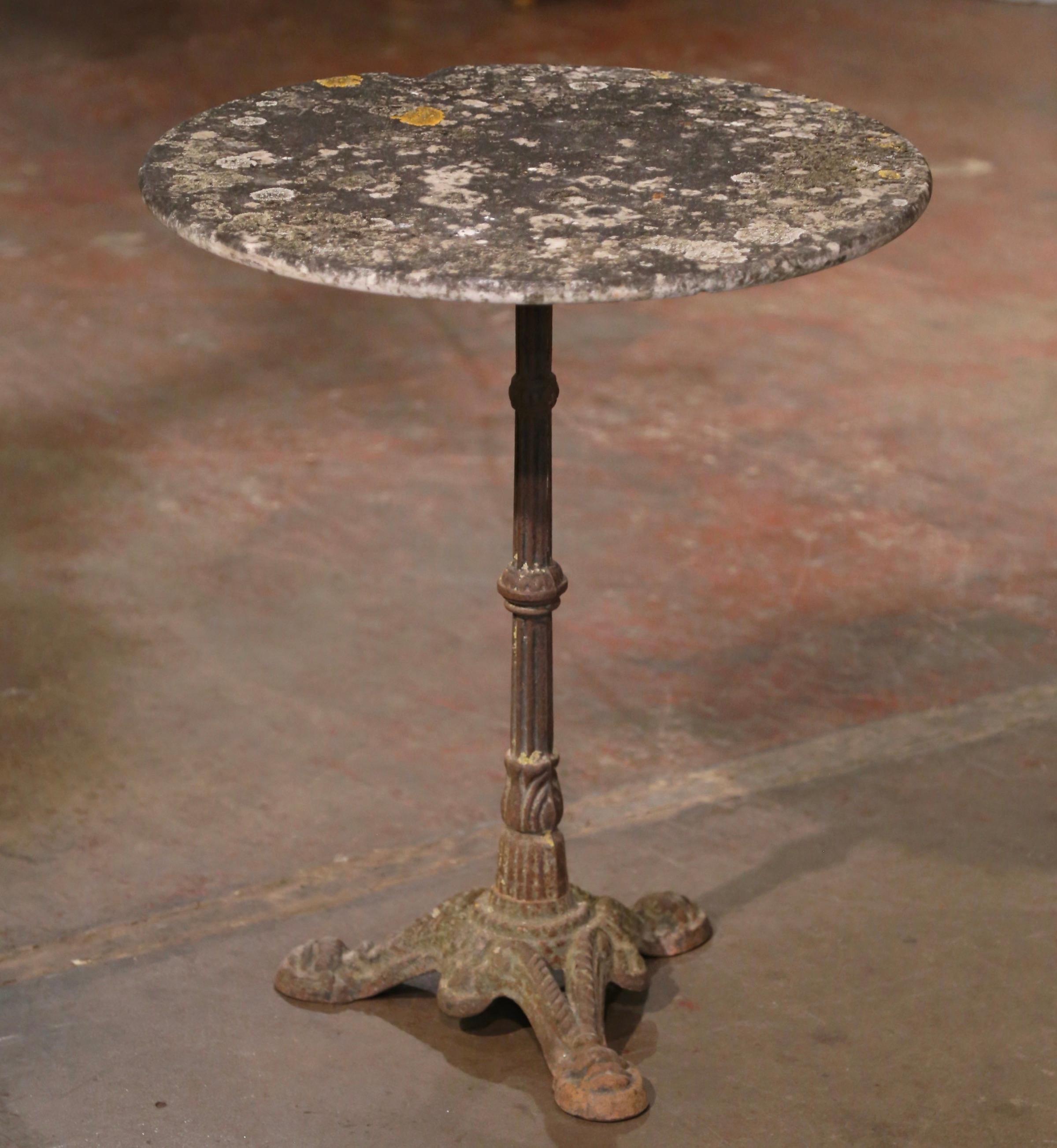 19th Century French Stone Top Iron Bistrot Pedestal Table from Normandy In Excellent Condition For Sale In Dallas, TX