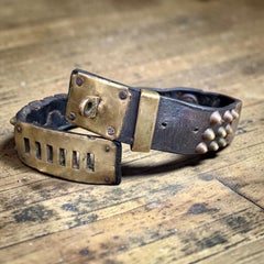 19Th Century French Studded Leather Dog Collar With Brass Nameplate