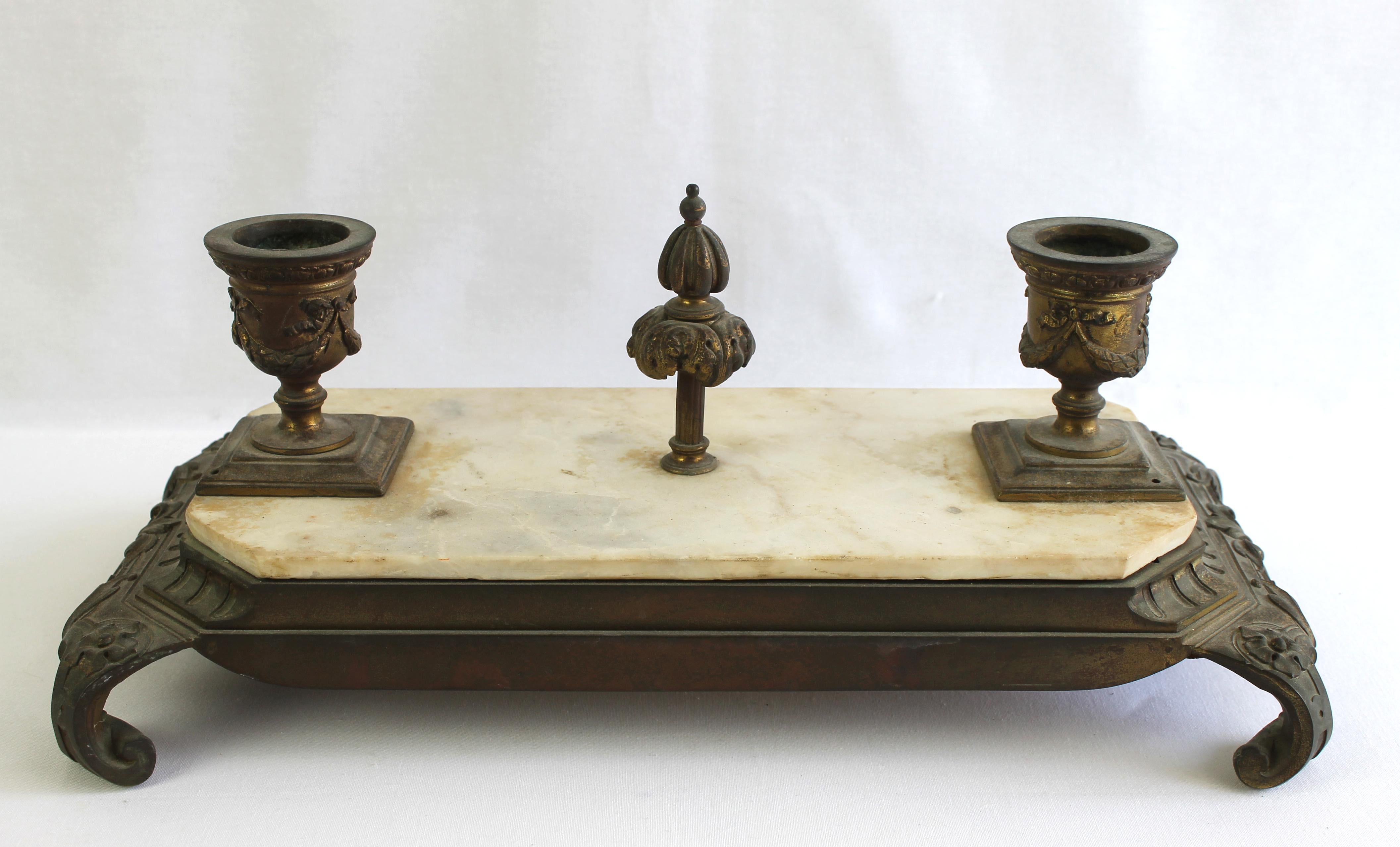20th Century 19th Century French Style Bronze and Marble Ink Well