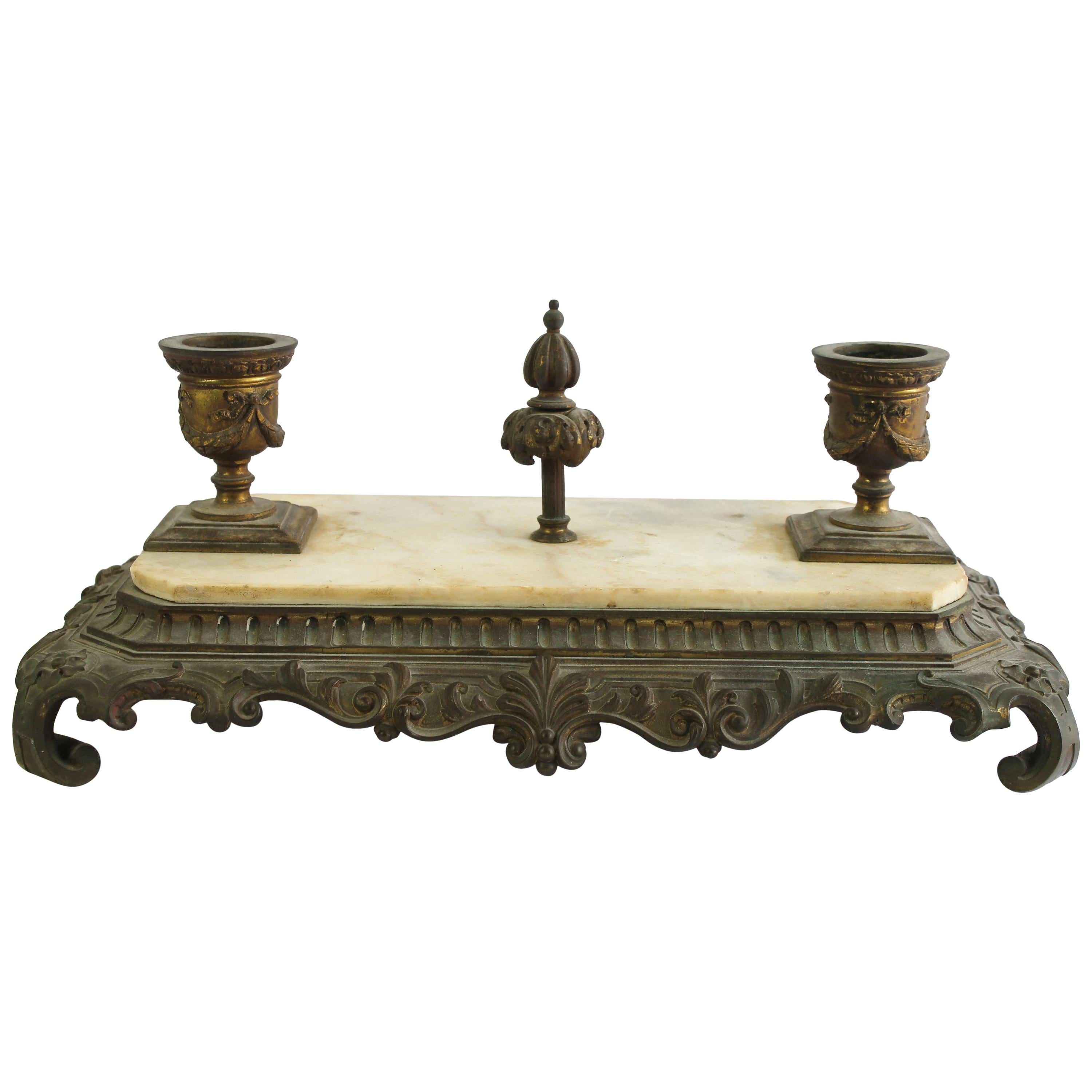 19th Century French Style Bronze and Marble Ink Well