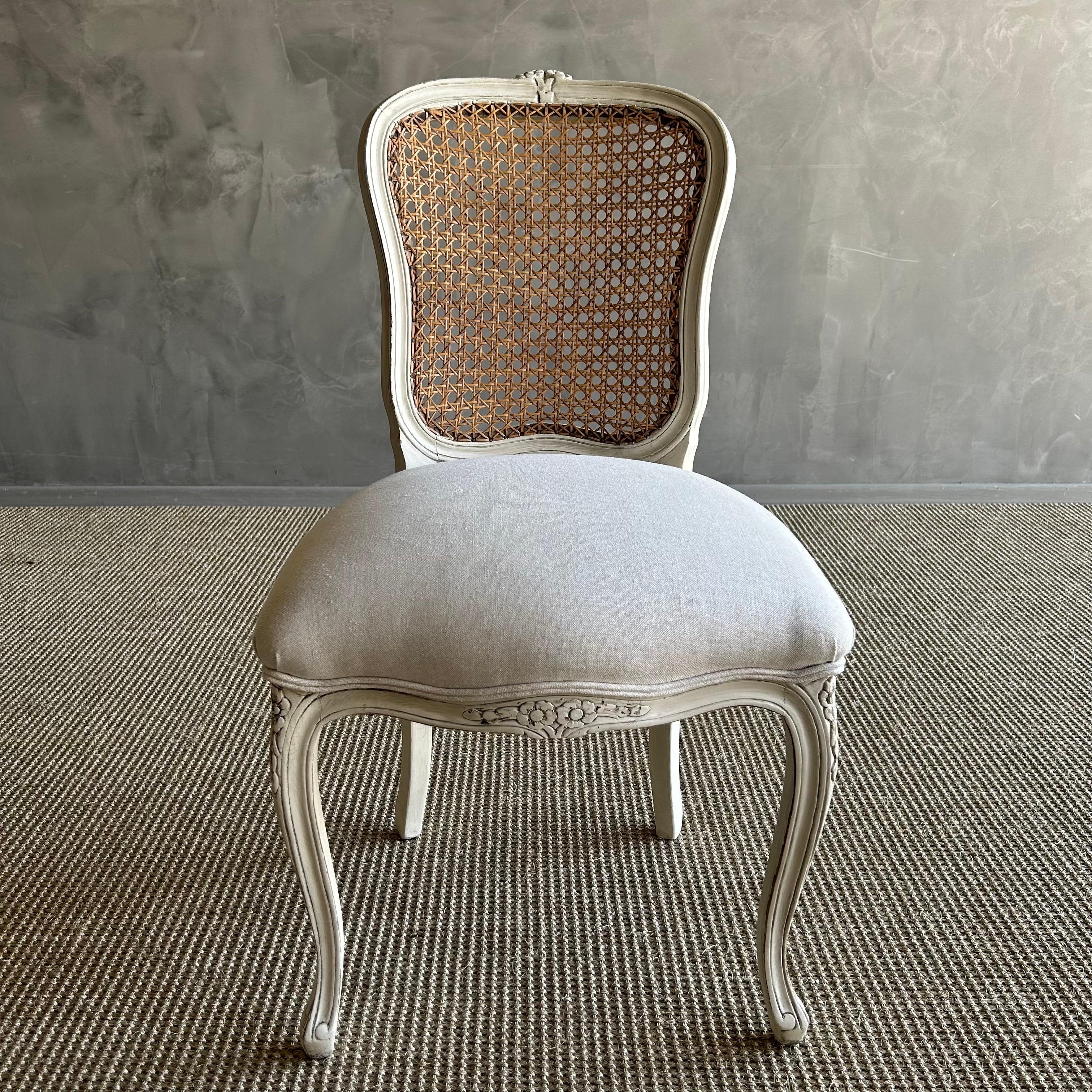 Linen 19th Century French Style Painted Cane and Upholstered Vanity or Side Chair For Sale