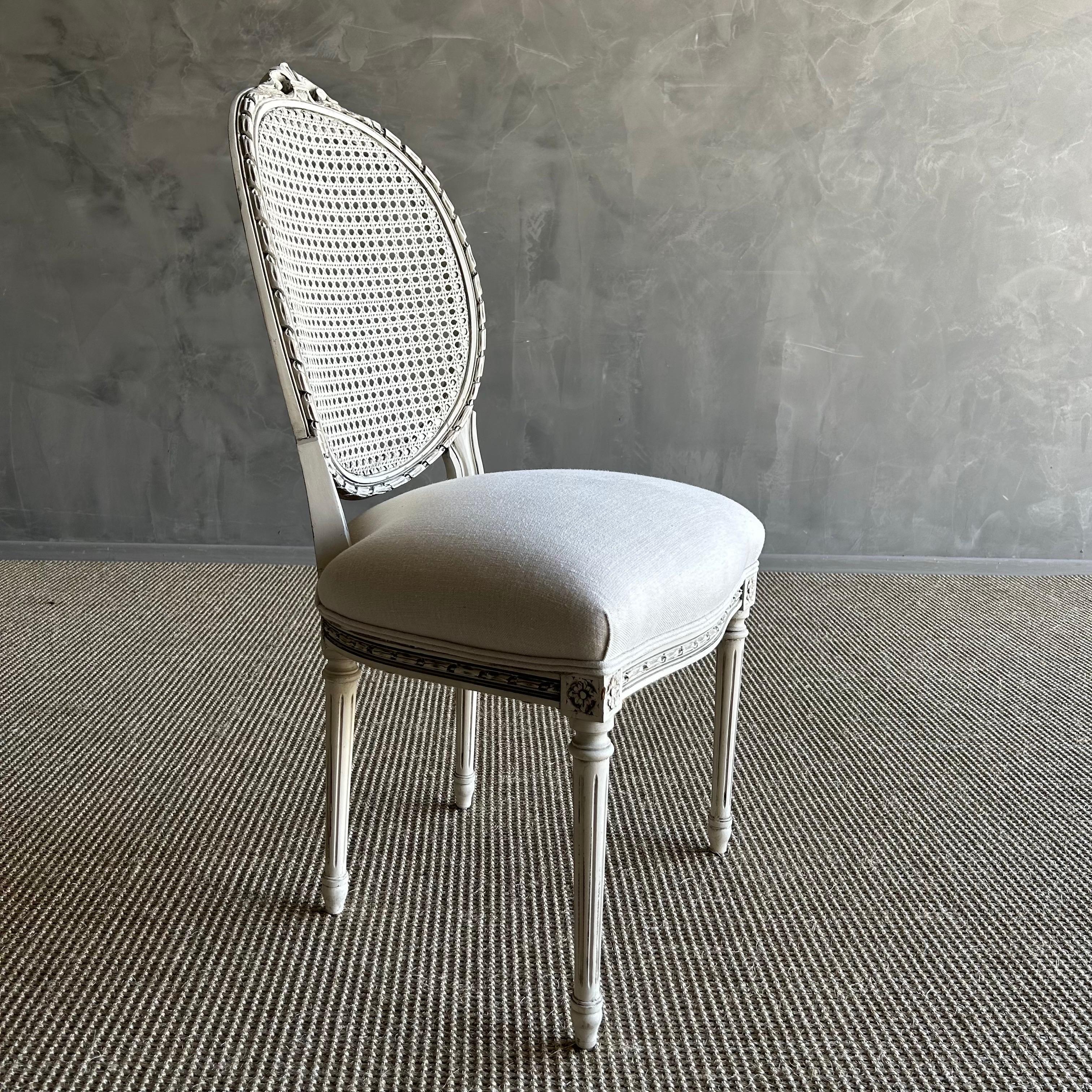 Linen 19th Century French Style Painted Cane and Upholstered Vanity or Side Chair