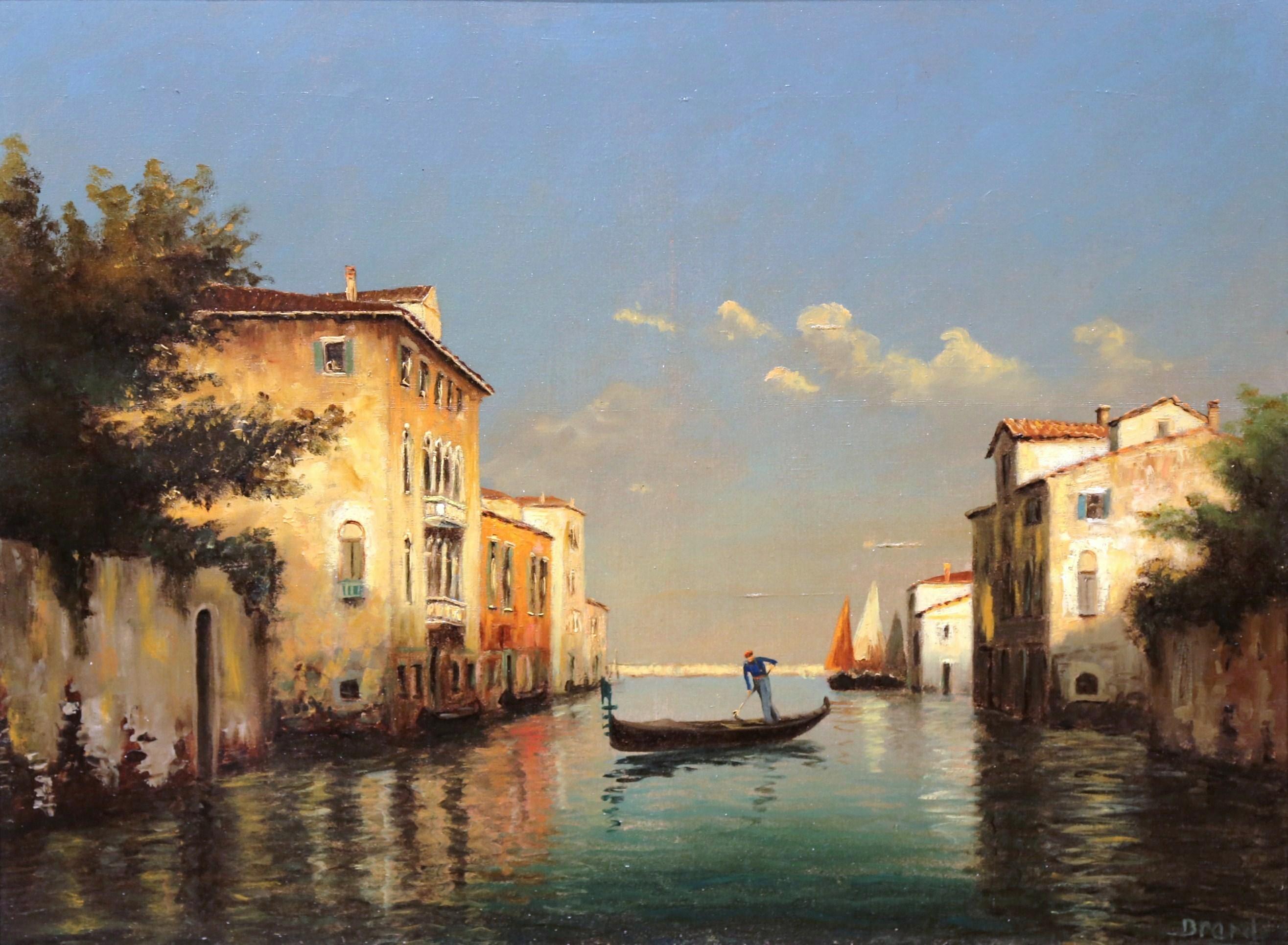 This large antique oil on canvas painting was created circa 1870. Set in the original carved and painted frame, the artwork depicts a typical Venetian scene with sailboat and gondola cruising on the Venice canal under a beautiful sunset. Wonderful