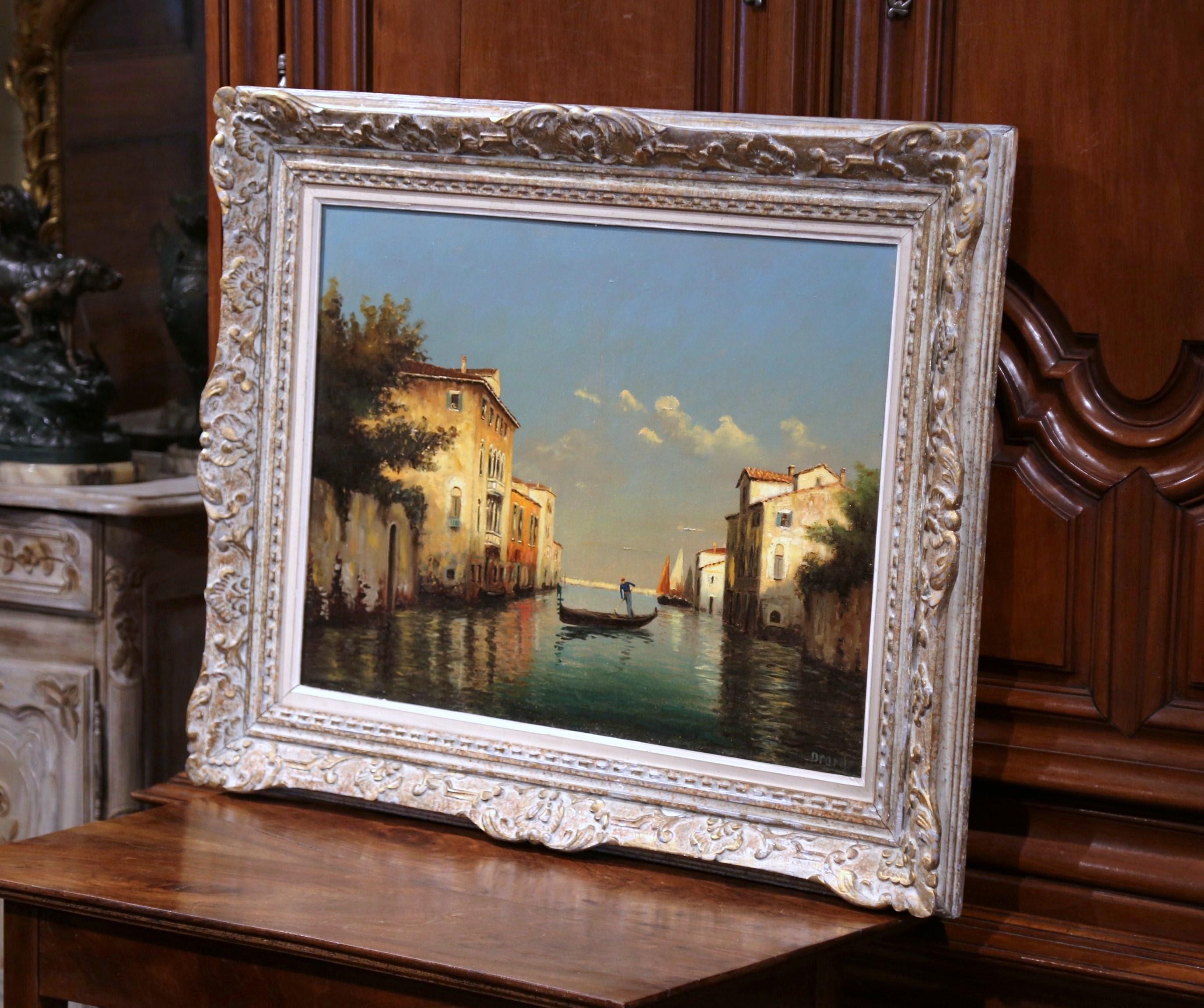 Carved 19th Century French Sunset in Venice Oil Painting in Painted Frame Signed Brard