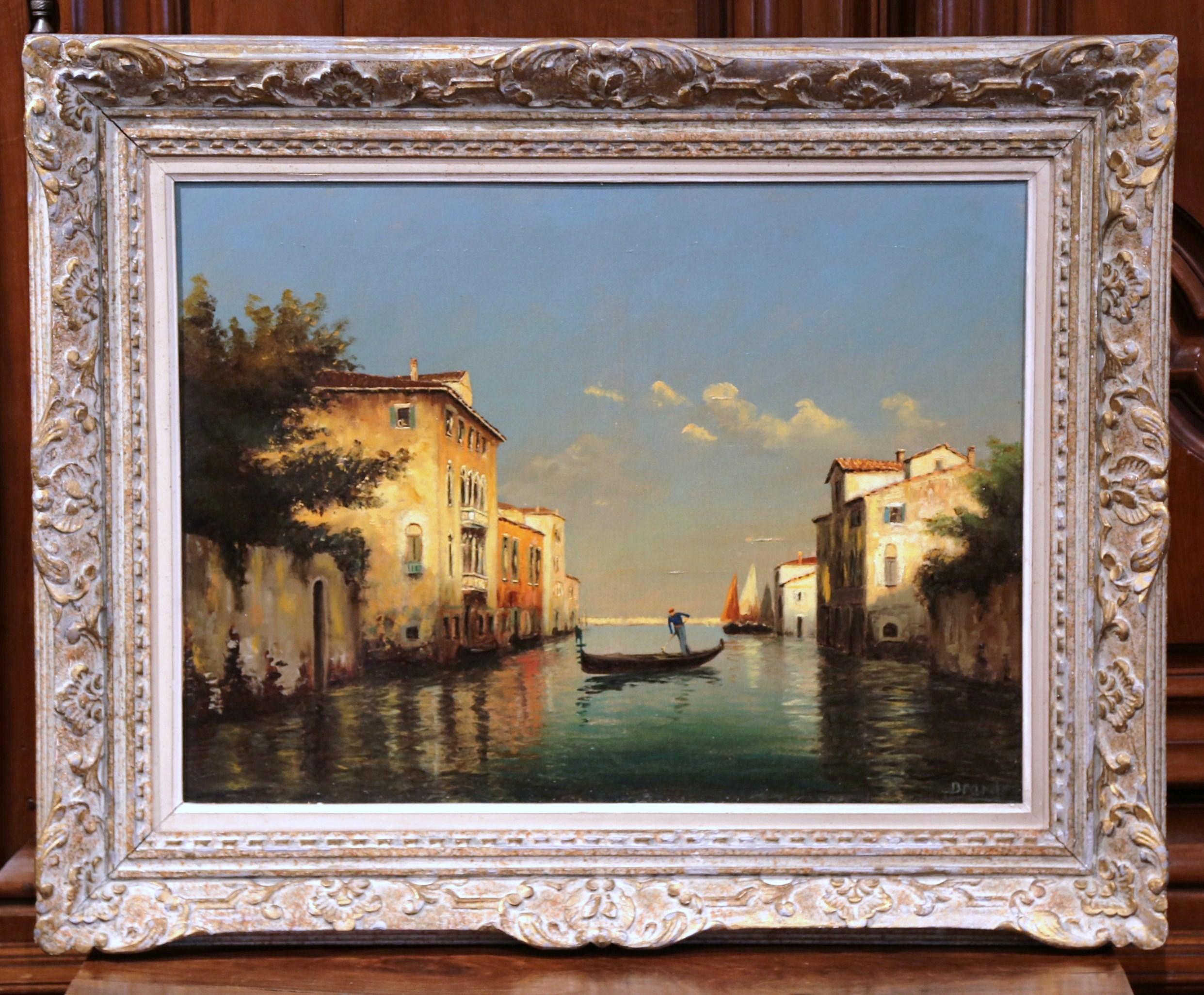 Canvas 19th Century French Sunset in Venice Oil Painting in Painted Frame Signed Brard