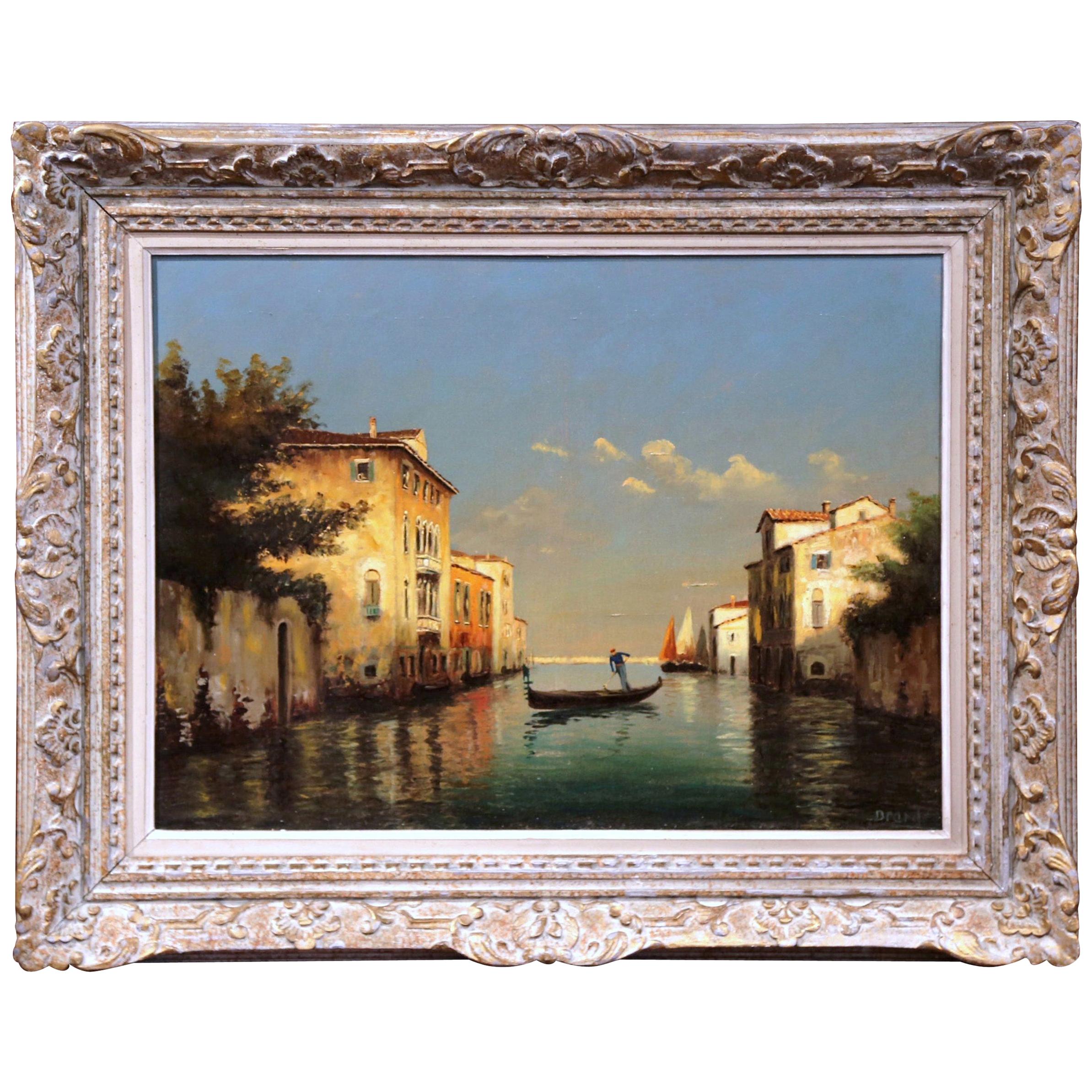 19th Century French Sunset in Venice Oil Painting in Painted Frame Signed Brard